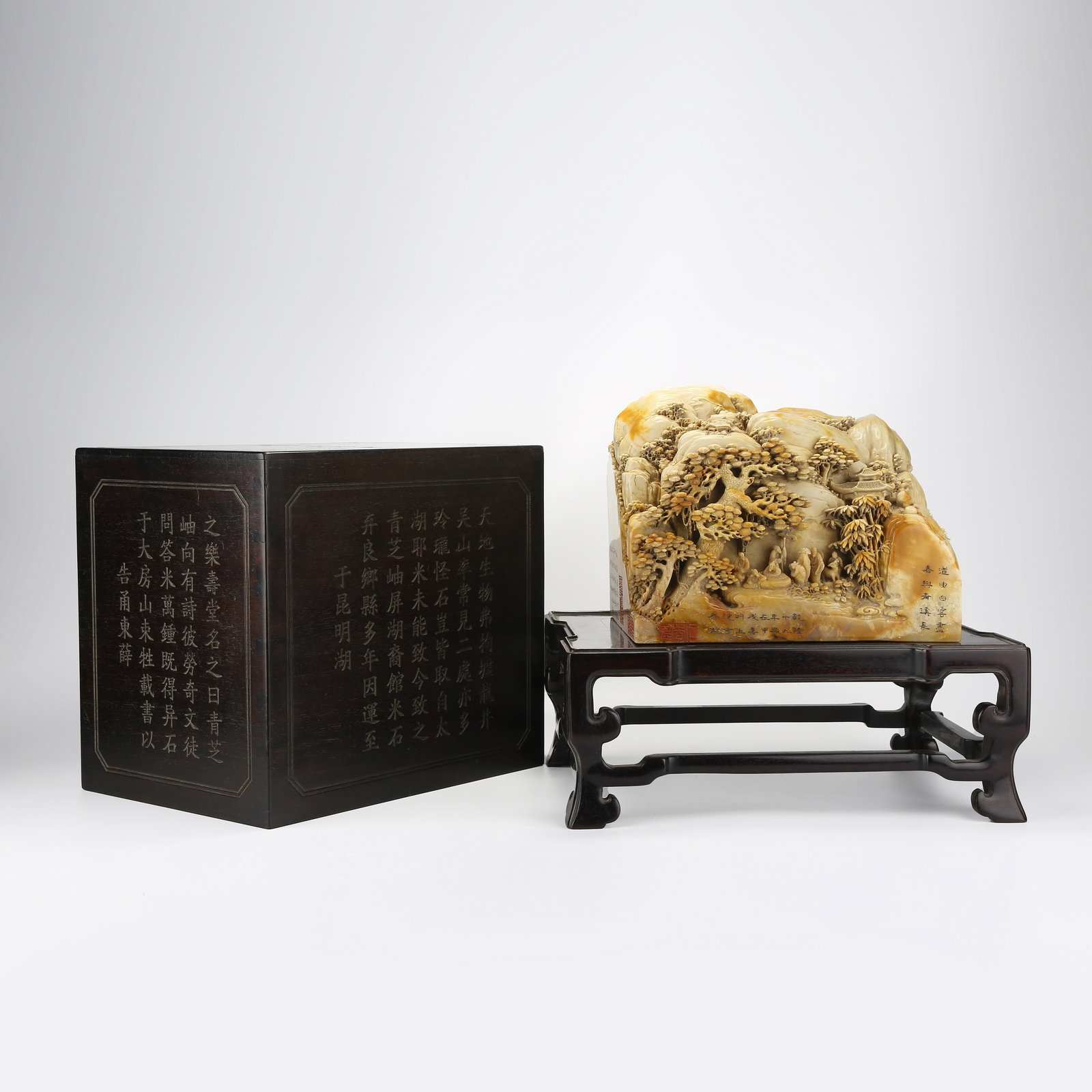 A SHOUSHAN STONE MOUNTAIN SCULPTURE WITH "ELEGANT GATHERING OF SCHOLARS" SCENE AND ZITAN BOX: Shoushan Stone Mountain Sculpture with "Elegant Gathering of Scholars" Scene and Zitan Box