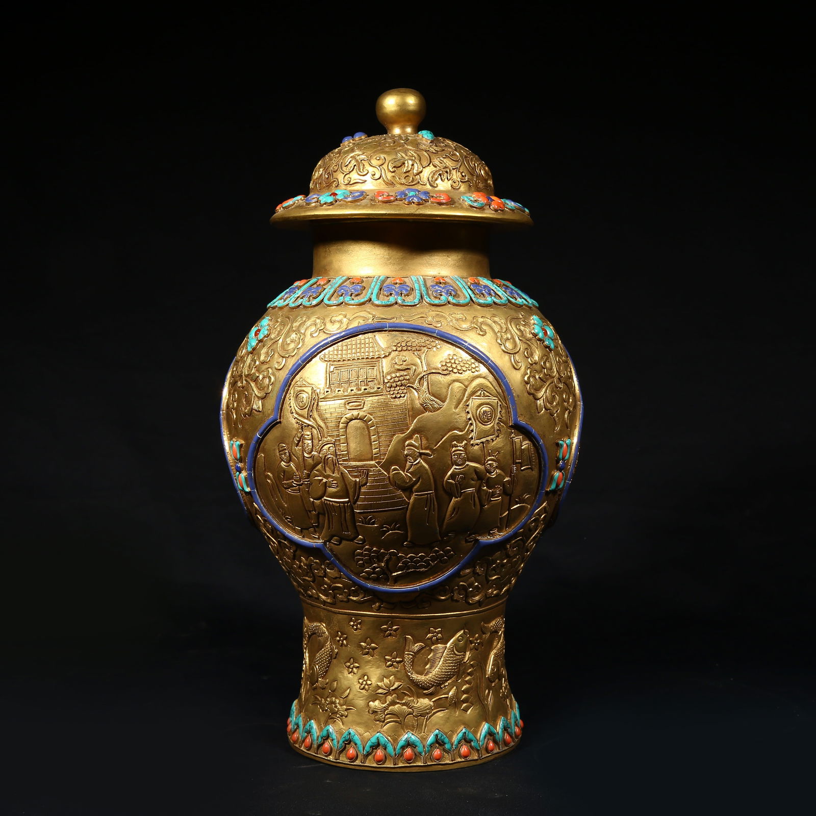 A GILDED BRONZE LIDDED JAR WITH NARRATIVE SCENES (1 of 9)