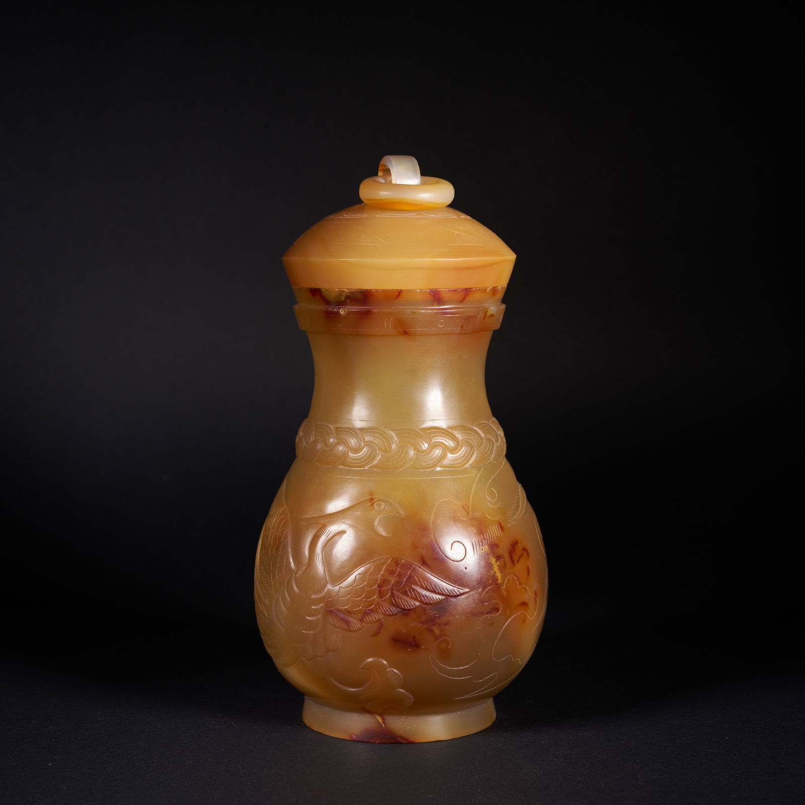 A AGATE COVERED VASE WITH DRAGON-AND-PHOENIX MOTIFS AND LOOSE RING HANDLES, MING DYNASTY (1 of 7)