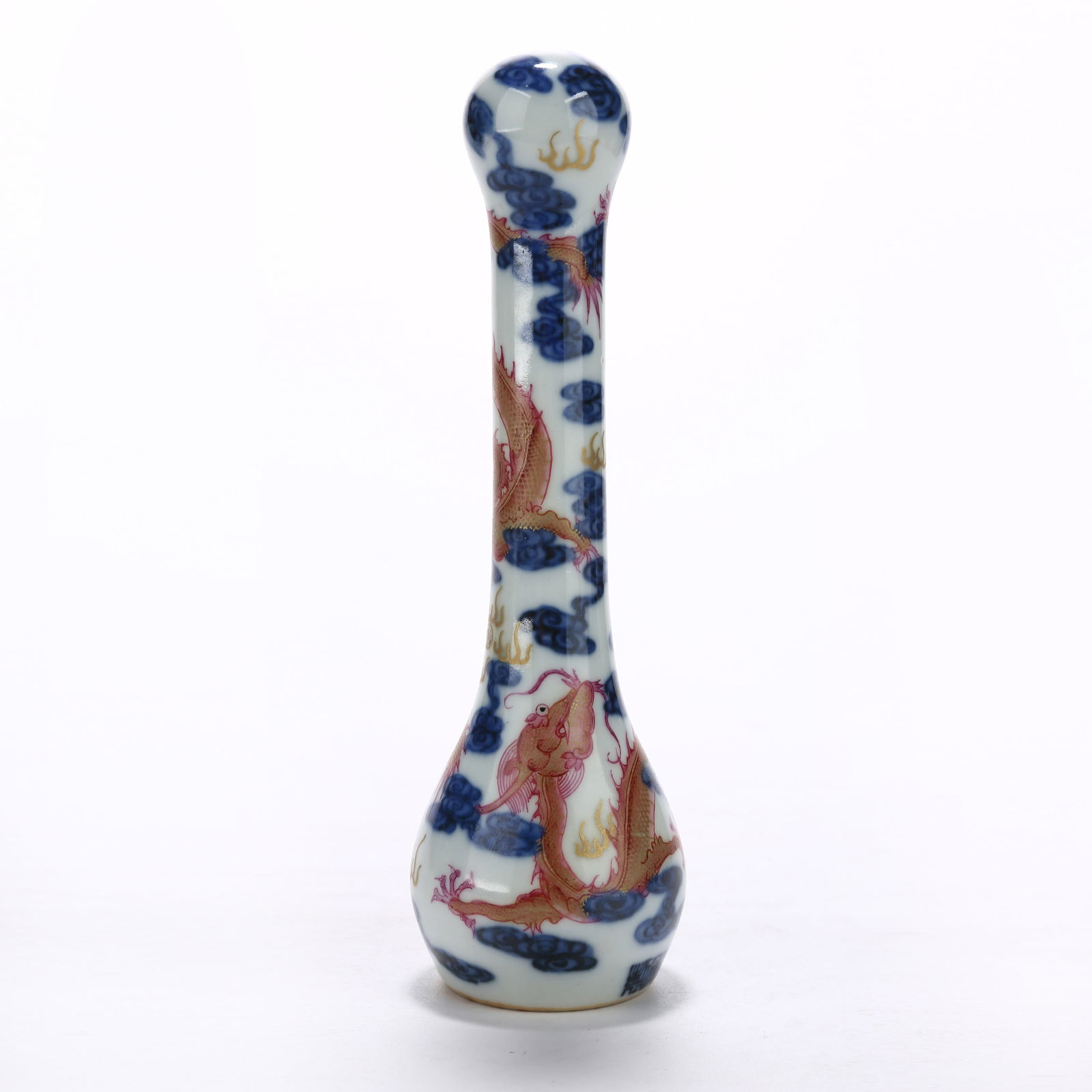 A BLUE AND WHITE WITH ROSE-PINK GLAZE CLOUD AND DRAGON PATTERN CALLIGRAPHY BRUSH HANDLE: Blue and White with Rose-Pink Glaze Cloud and Dragon Pattern Calligraphy Brush Handle