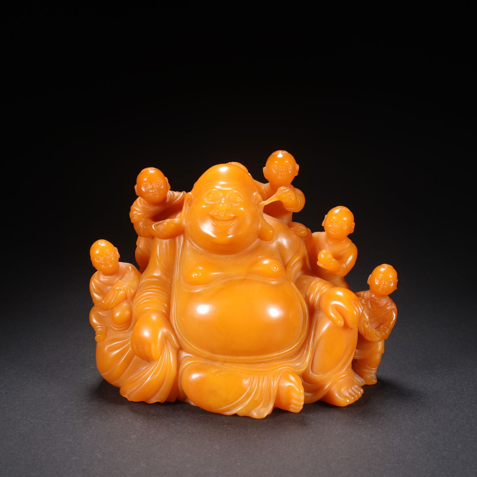 A TIANHUANG STONE FIGURINE OF FIVE CHILDREN PLAYING WITH BUDDHA: Tianhuang Stone Figurine of Five Children Playing with Buddha