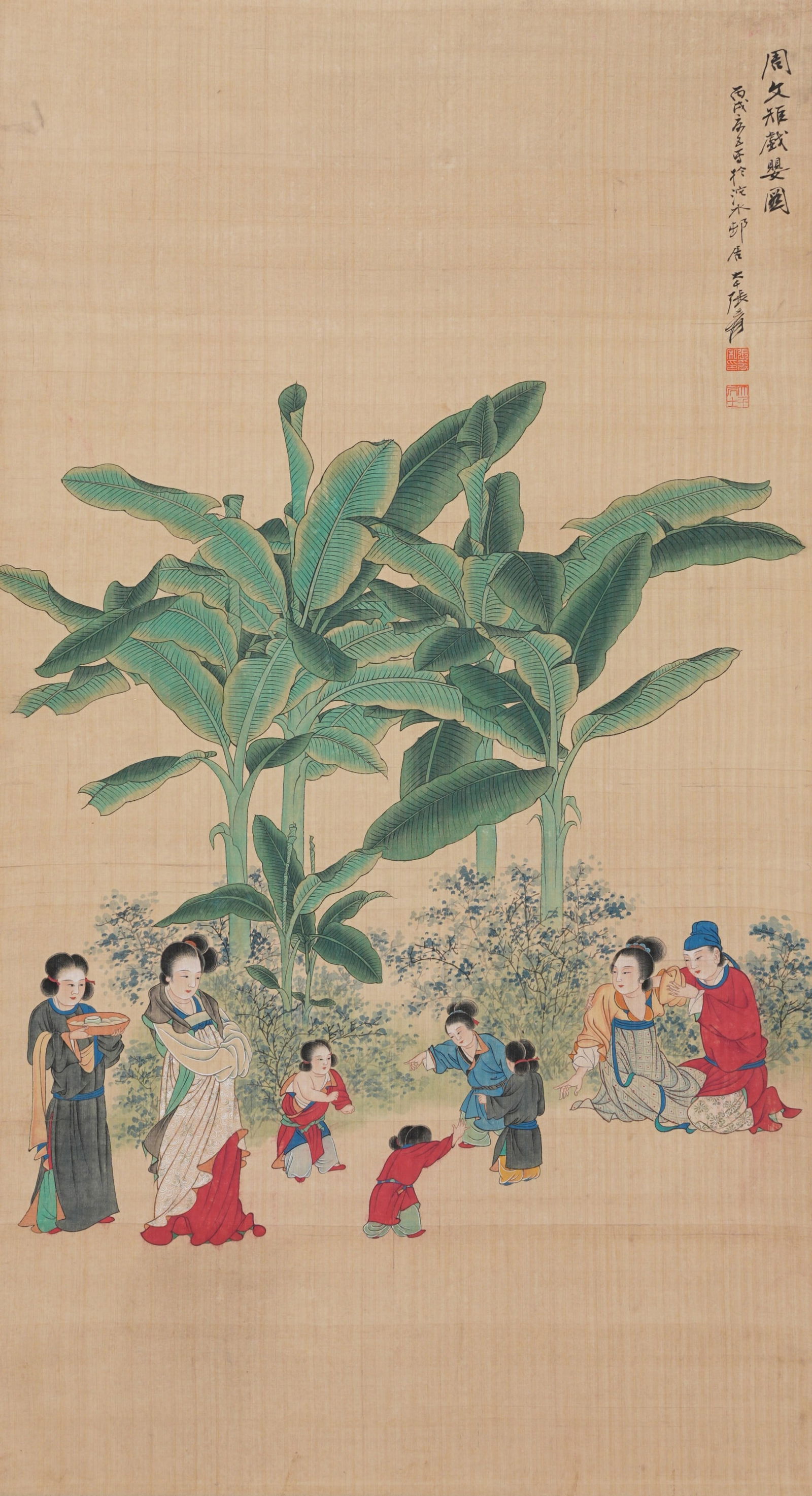 A FIGURE NARRATIVE PAINTING ON SILK BY ZHANG DAQIAN.張大千: Figure narrative painting on silk by Zhang Daqian.張大千