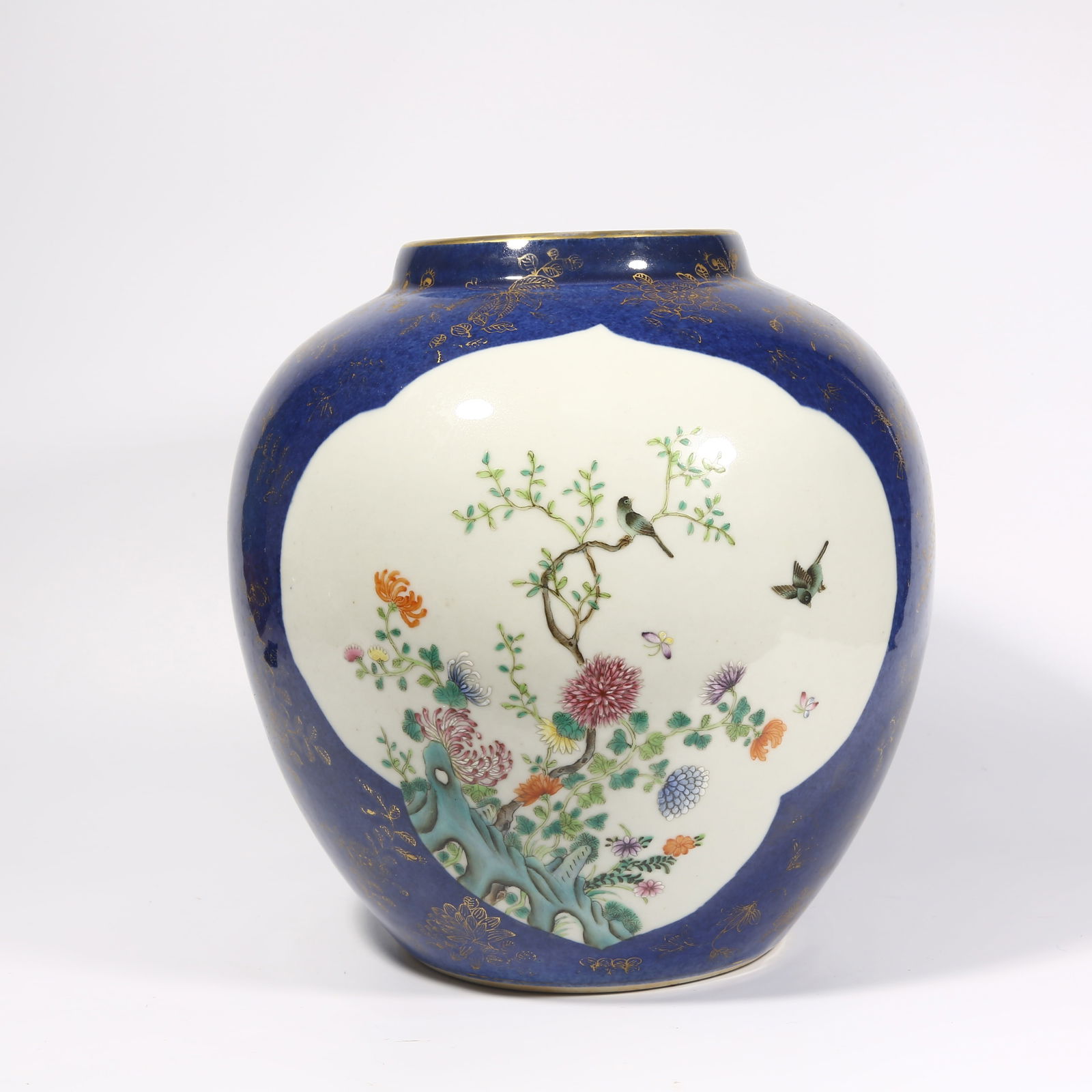 A SAPPHIRE BLUE GLAZE GROUND VASE WITH FLORAL PANEL IN FAMILLE ROSE (1 of 9)