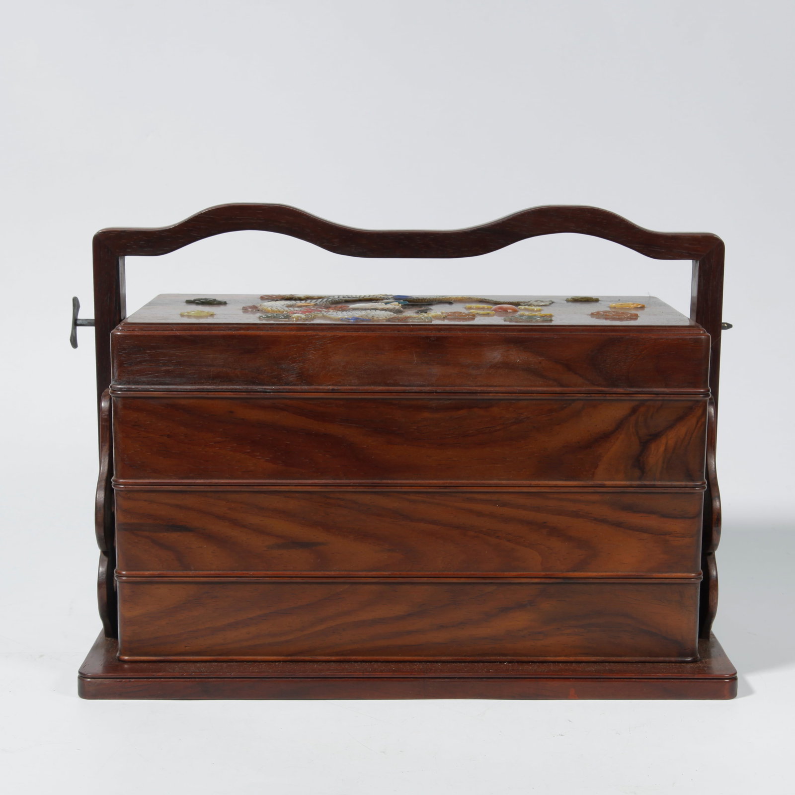 A HUANGHUALI WOOD HAND-CARRIED BOX WITH HUNDRED TREASURES INLAY AND DRAGON CARVING (1 of 9)