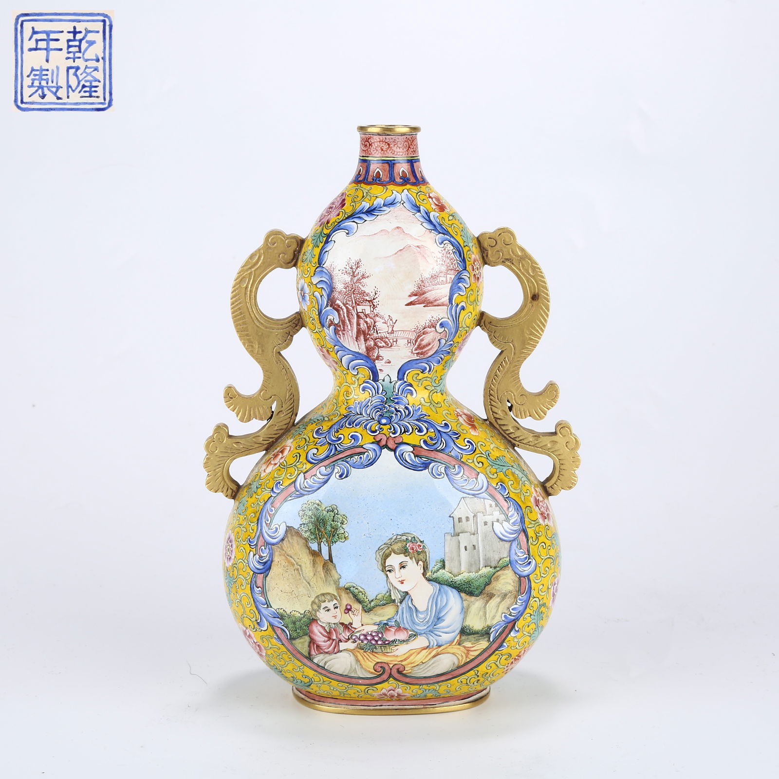 A CLOISONNÉ ENAMEL DOUBLE-HANDLED GOURD VASE WITH WESTERN "TEACHING THE CHILD" SCENE (1 of 9)