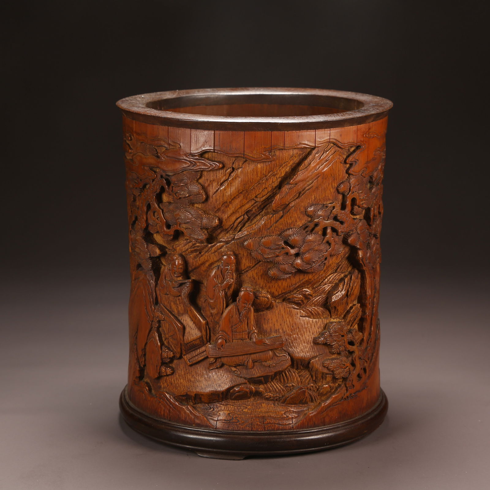 A BAMBOO CARVED BRUSH HOLDER WITH SCHOLAR UNDER PINE DESIGN (1 of 9)
