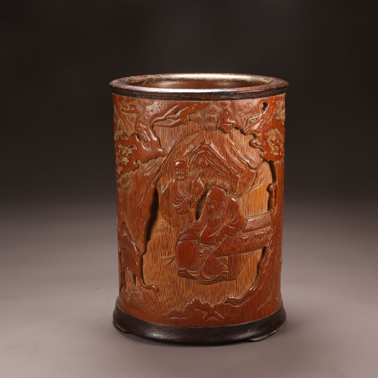 A BAMBOO CARVED BRUSH HOLDER WITH SCHOLAR UNDER PINE DESIGN (1 of 9)