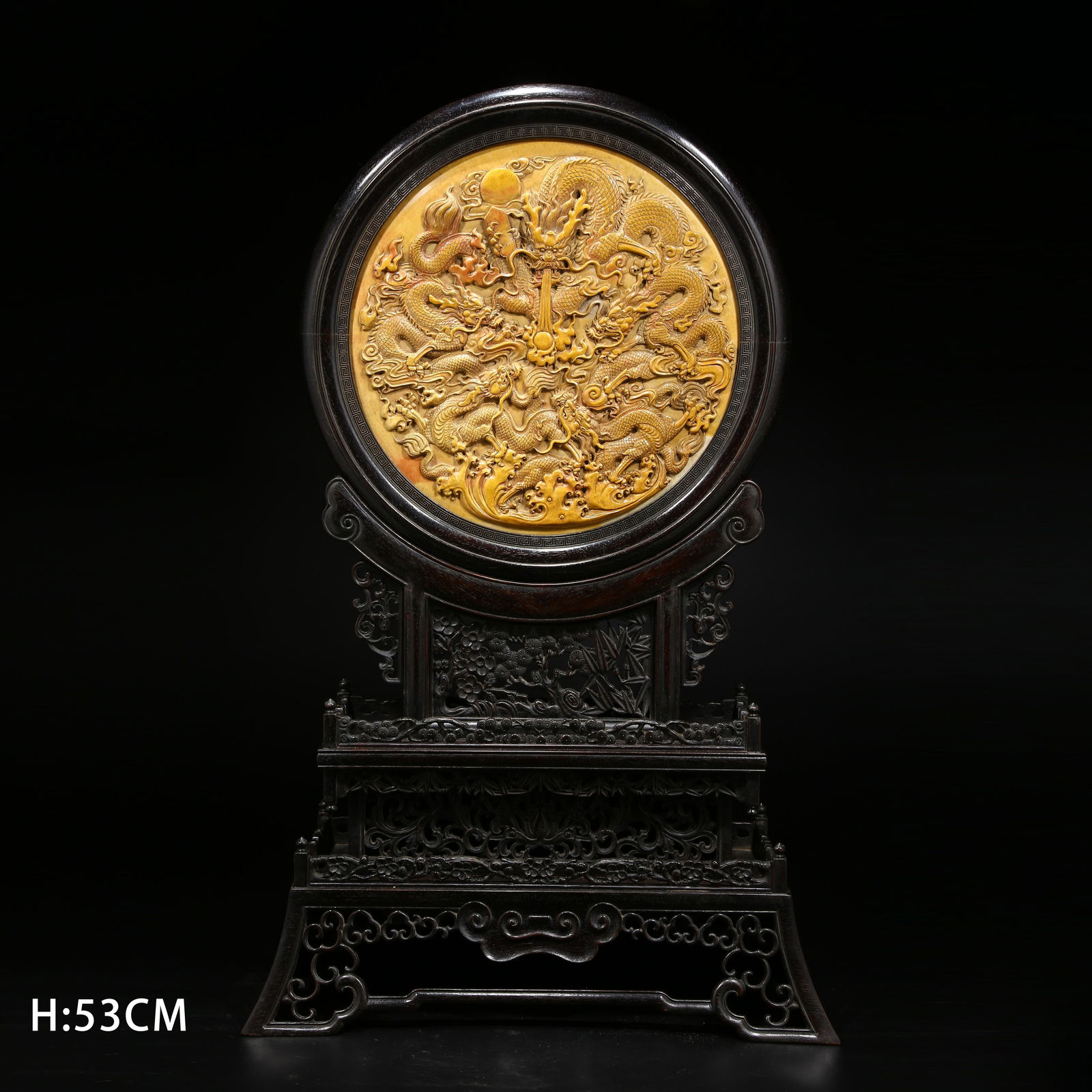 A ZITAN WOOD INLAID WITH SHOUSHAN STONE, SEA DRAGON PATTERN SCREEN PANEL (1 of 8)