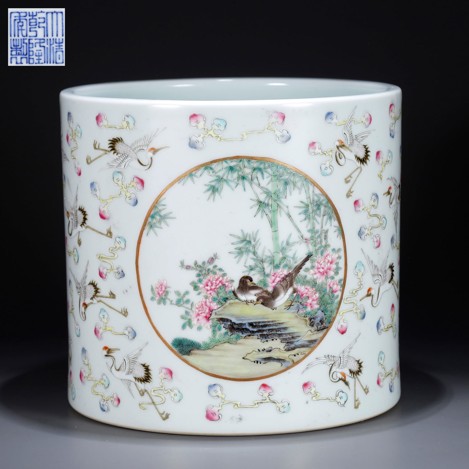 A FAMILLE ROSE BRUSH POT WITH FLORAL AND BIRD PANELS (1 of 11)