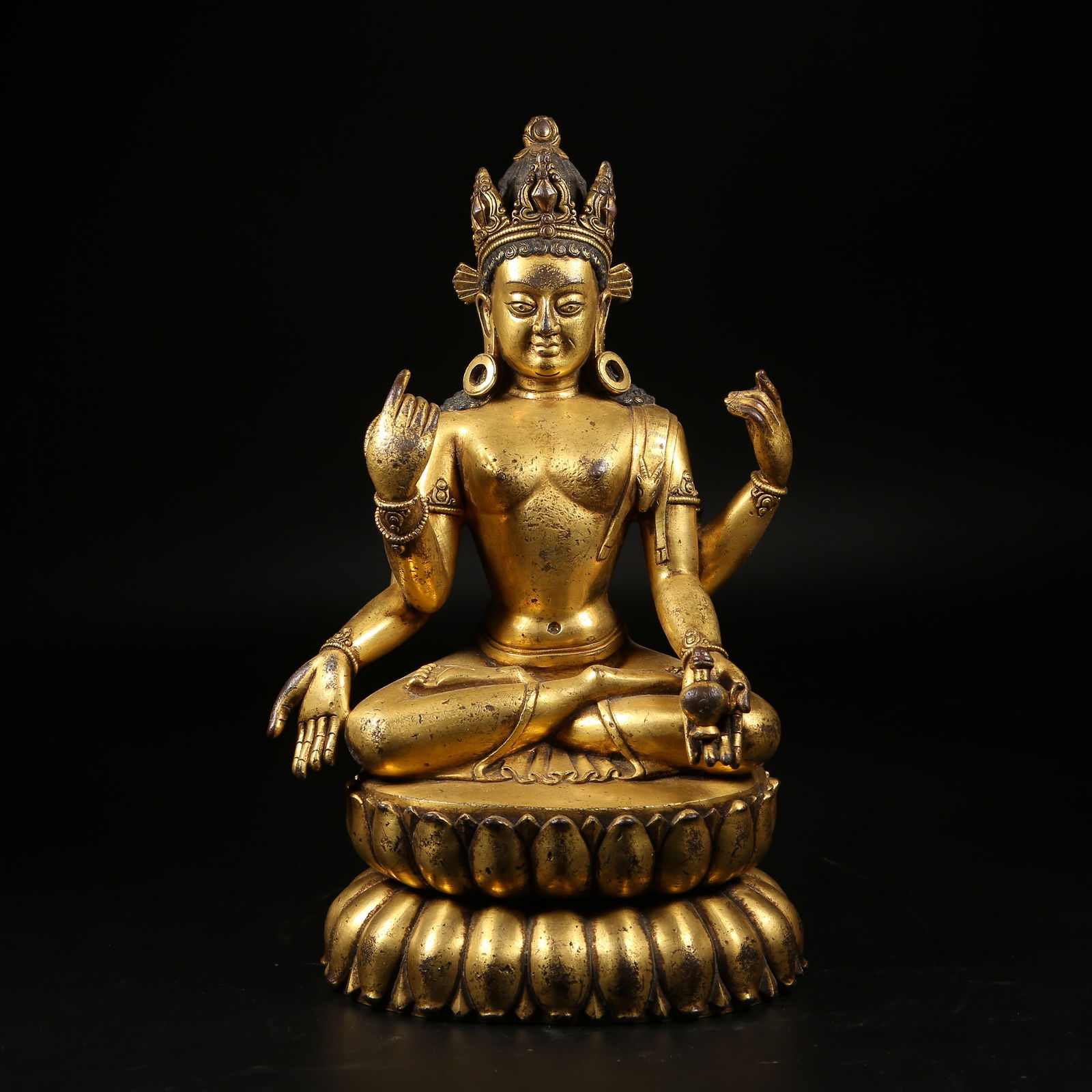 A GILT BRONZE FOUR-ARMED MAITREYA BODHISATTVA STATUE (1 of 8)