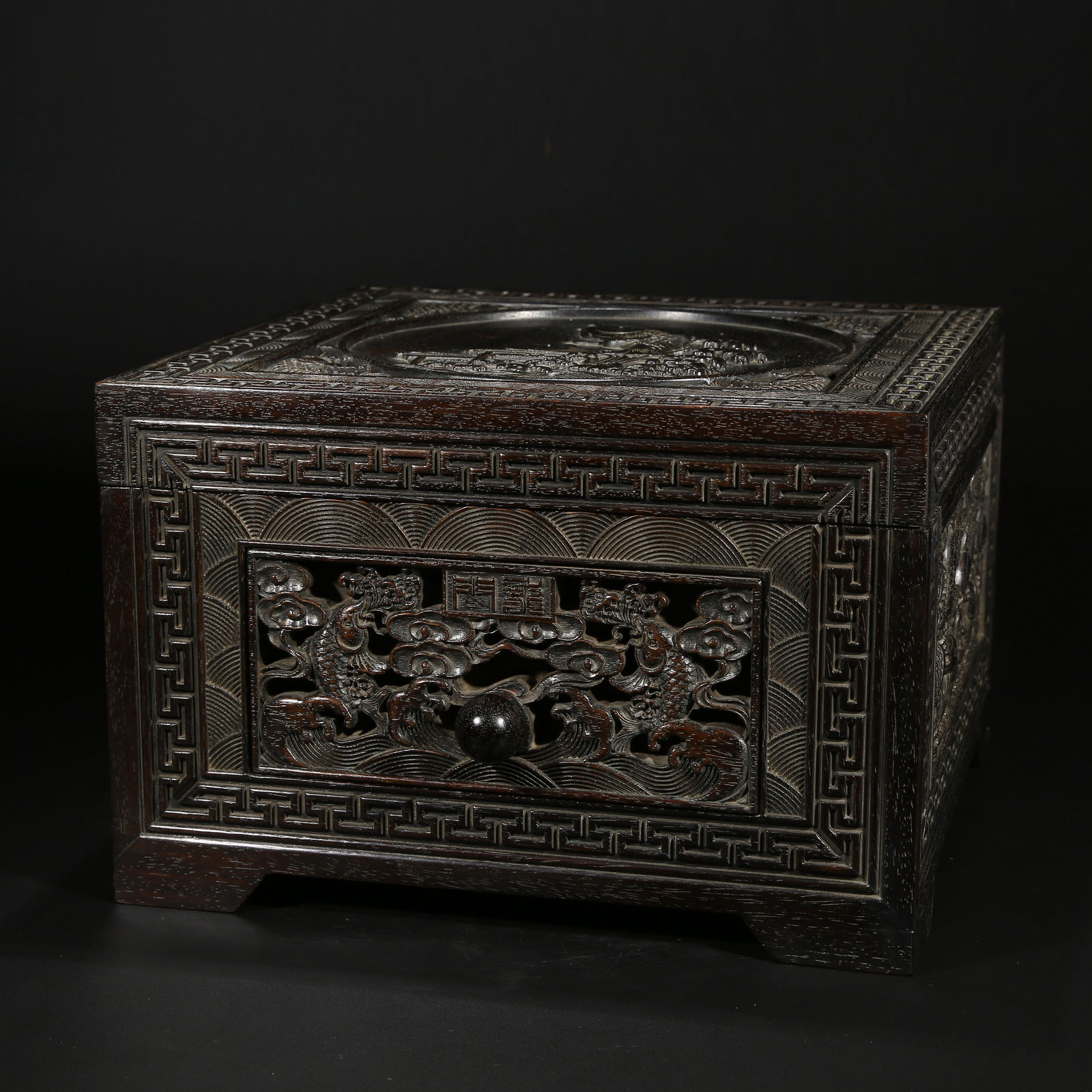 A ZITAN WOOD JEWELRY BOX WITH FISH LEAPING OVER DRAGON GATE PATTERN (1 of 10)