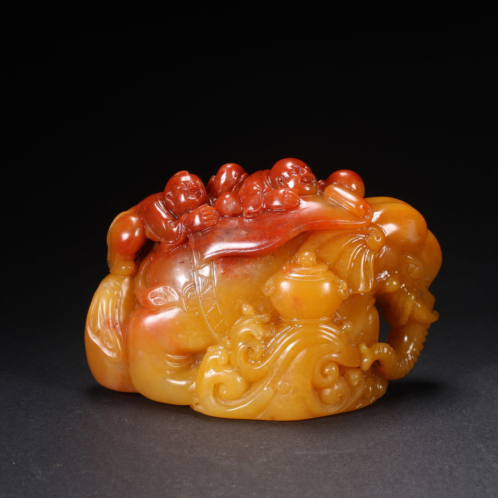 TIANHUANG STONE "CHILD PLAYING WITH AN ELEPHANT" SCULPTURE: Tianhuang Stone "Child Playing with an Elephant" Sculpture