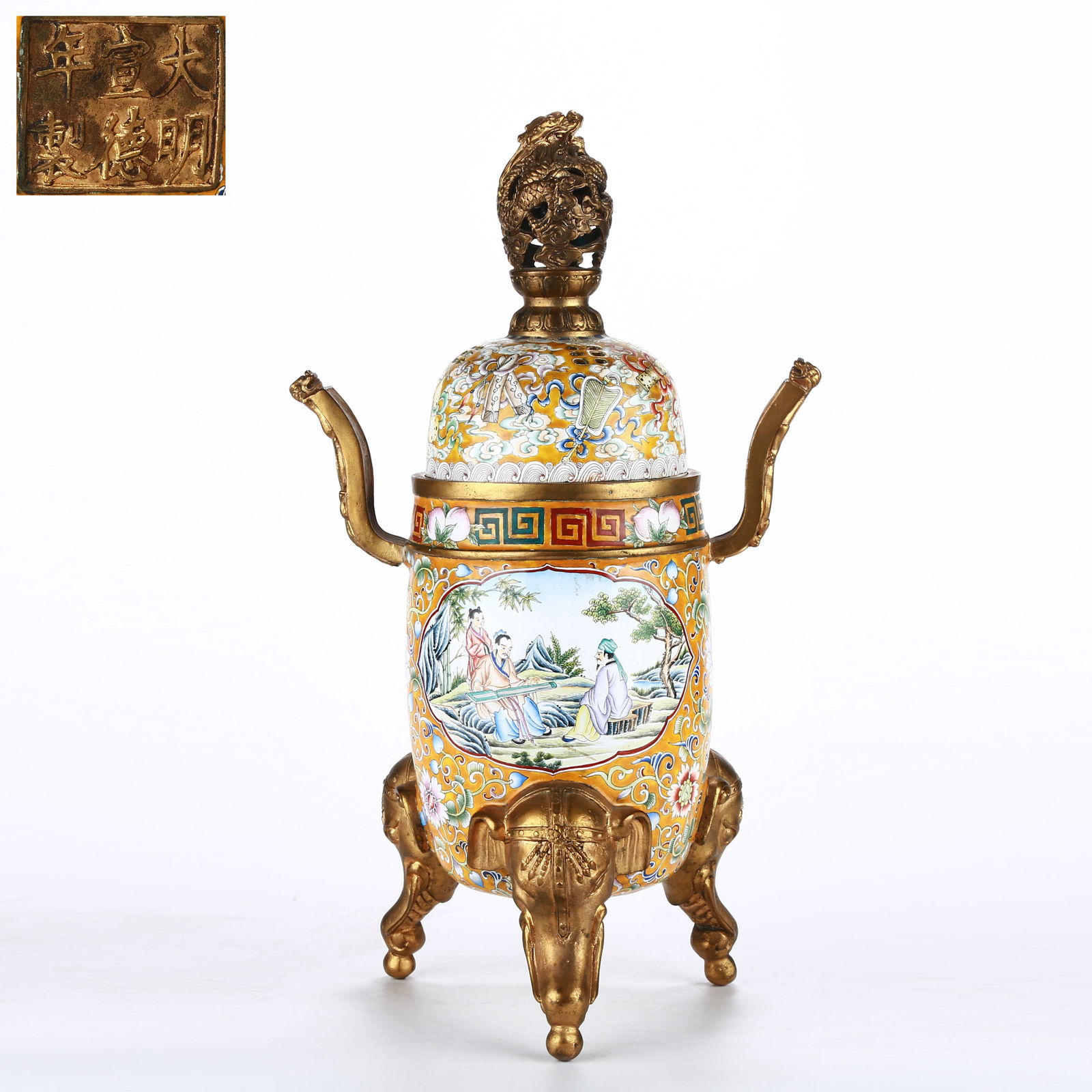 A CLOISONNÉ ENAMEL CENSER WITH STORY SCENE AND CROWN-SHAPED HANDLES (1 of 10)