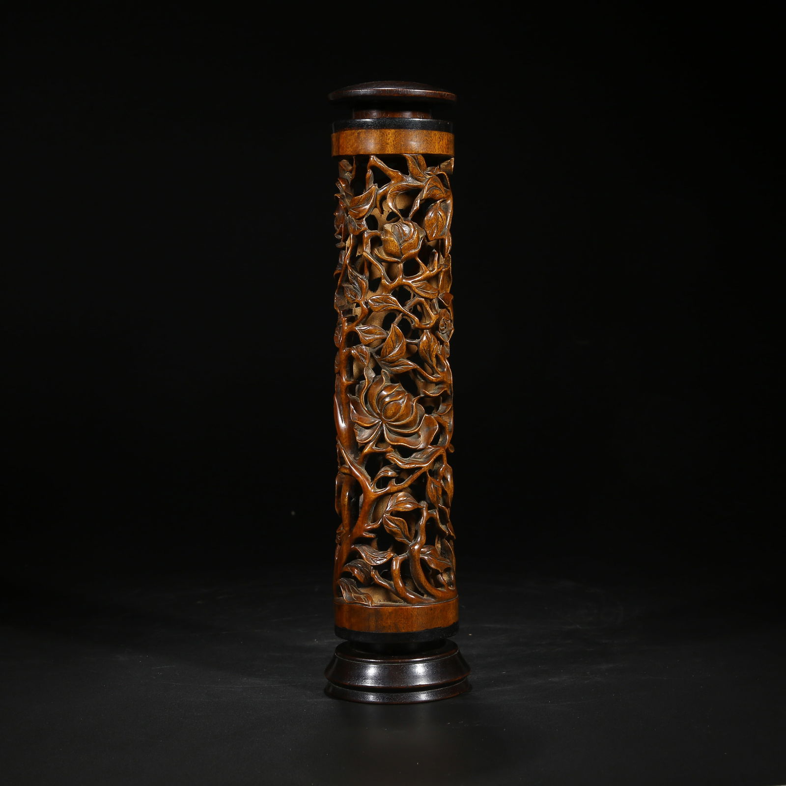 A SANDALWOOD CARVED FLOWER PATTERN INCENSE HOLDER (1 of 10)