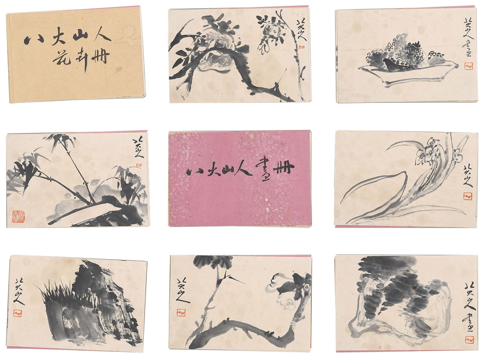 A ALBUM OF FLOWER PAINTINGS ON PAPER BY BADA SHANREN (17 LEAVES).八大山人: Album of flower paintings on paper by Bada Shanren (17 leaves).八大山人