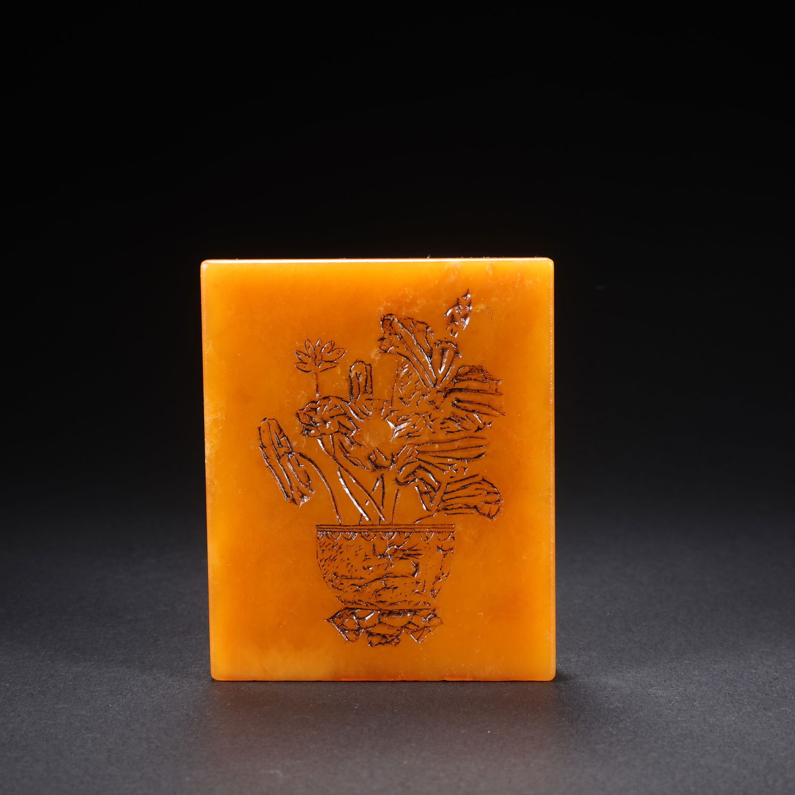 A TIANHUANG STONE SEAL WITH FLORAL MOTIF AND INSCRIBED POETRY, CARVED IN SHALLOW RELIEF: Tianhuang Stone Seal with Floral Motif and Inscribed Poetry, Carved in Shallow Relief