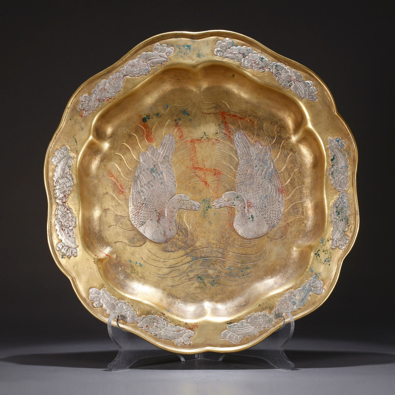 A GILT SILVER PLATE WITH DOUBLE DUCK DESIGN (1 of 10)
