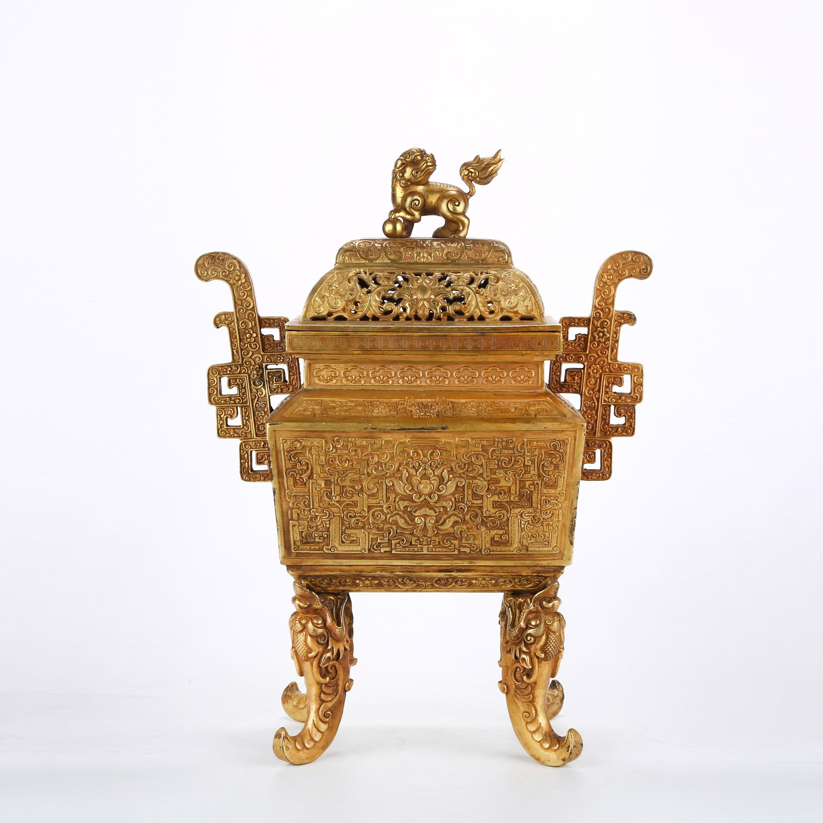 A GILT BRONZE CENSER WITH KUI DRAGON MOTIF AND LION KNOB (1 of 11)