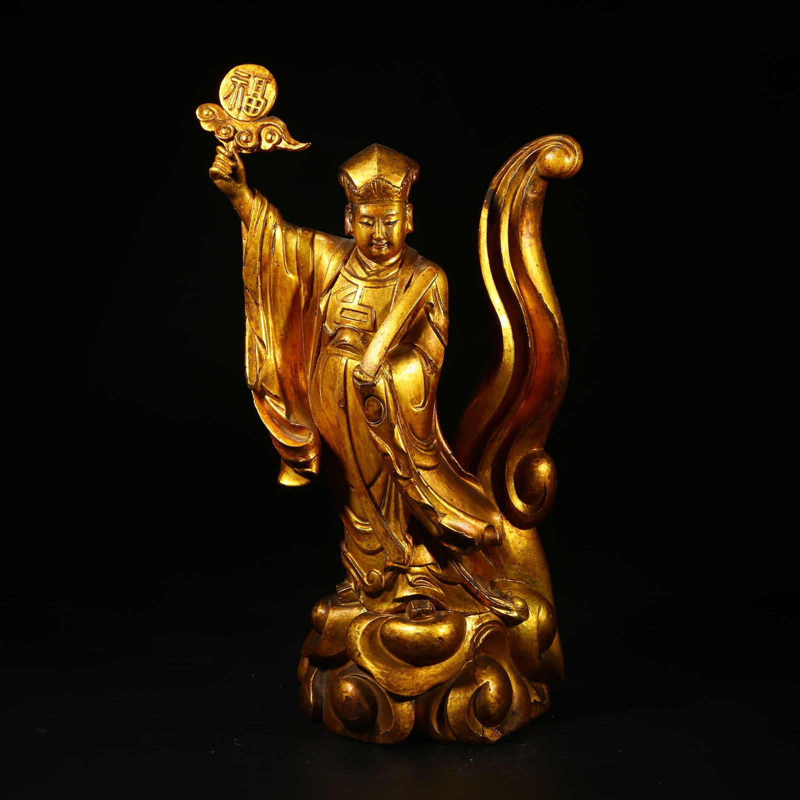 A WOODEN LACQUERED AND GILDED STATUE OF THE HEAVENLY OFFICIAL BESTOWING BLESSINGS (1 of 8)