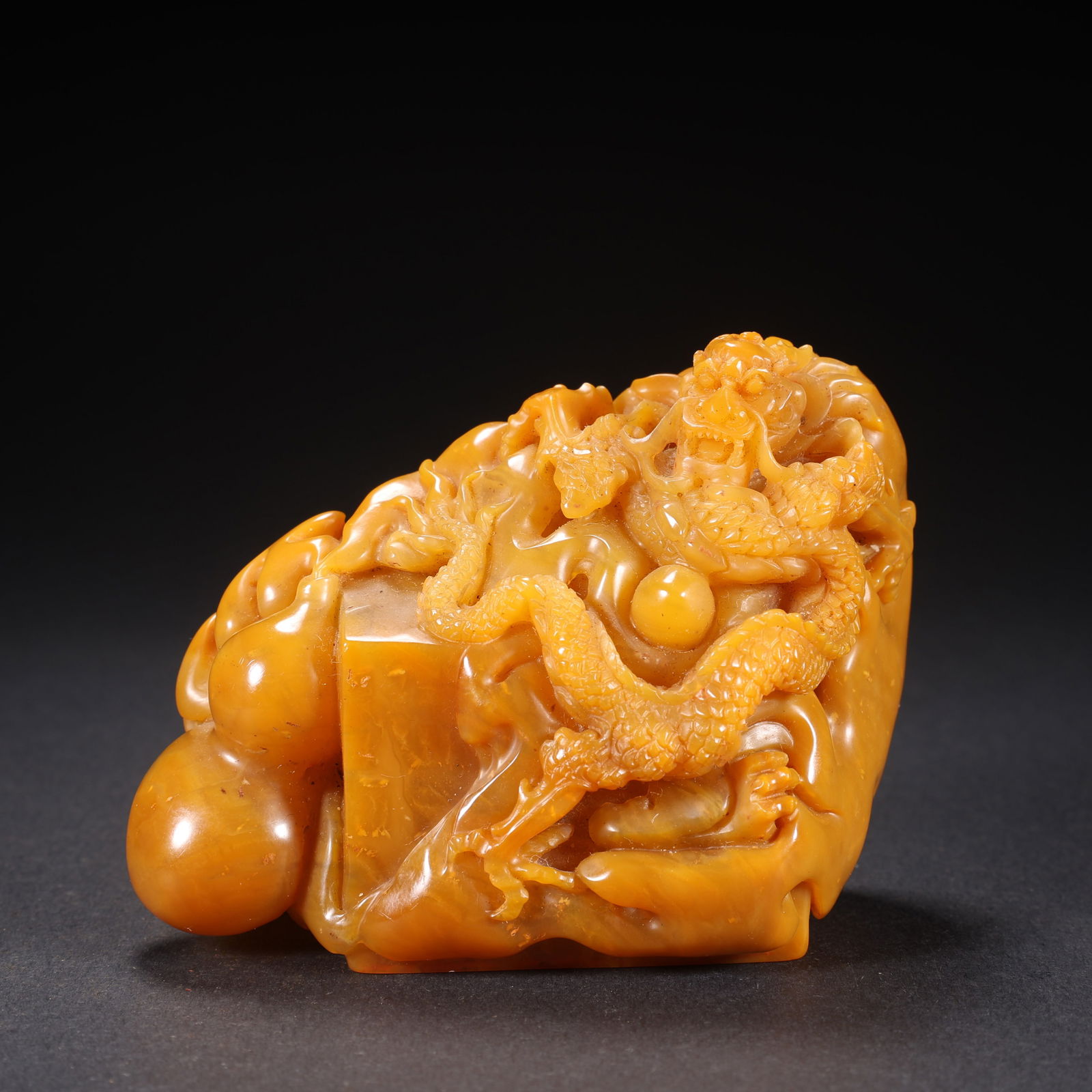 A TIANHUANG STONE SEAL WITH DRAGONS PLAYING WITH PEARL MOTIF AND INSCRIBED POETRY (1 of 9)