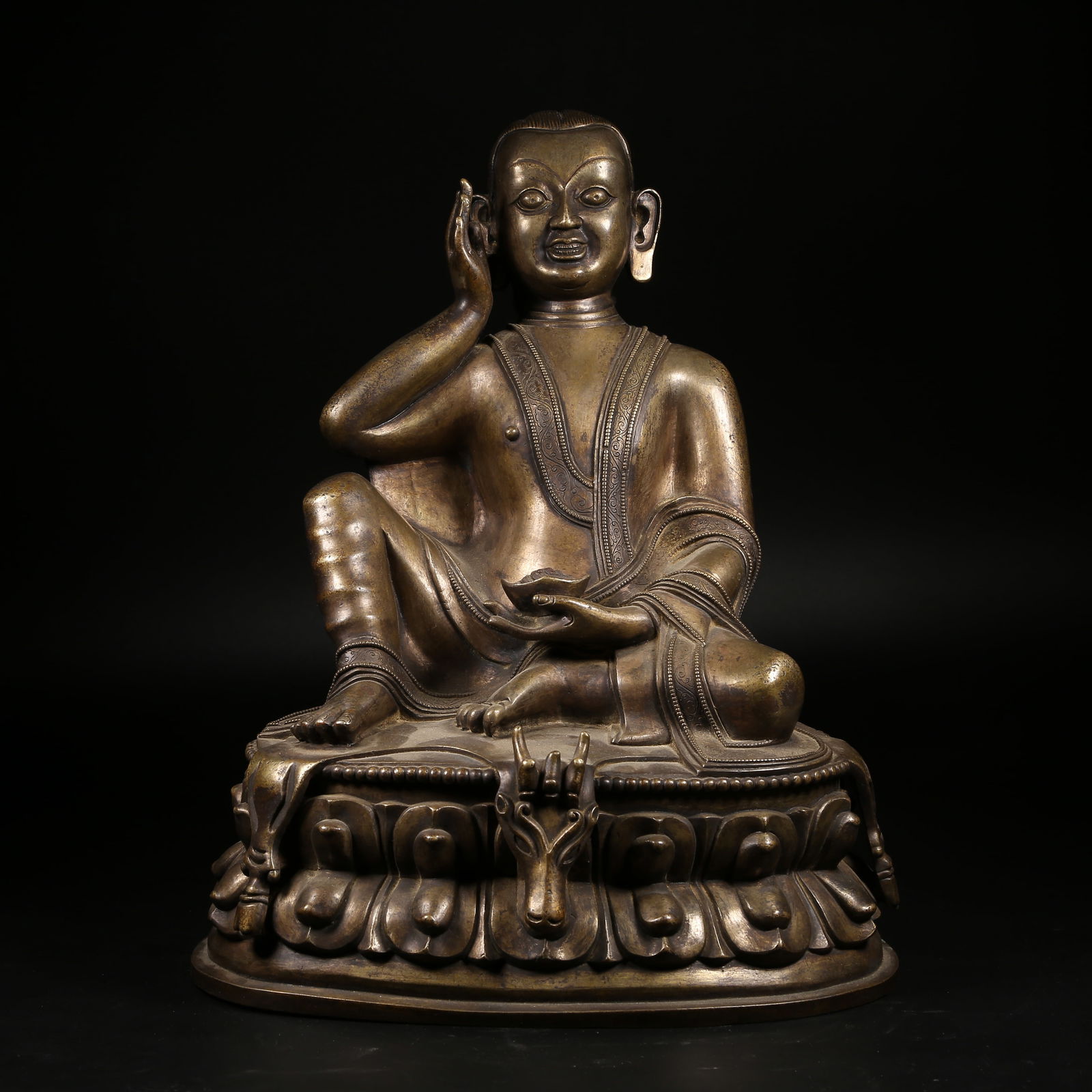 A GILT SILVER MILAREPA STATUE: Gilt Silver Milarepa Statue