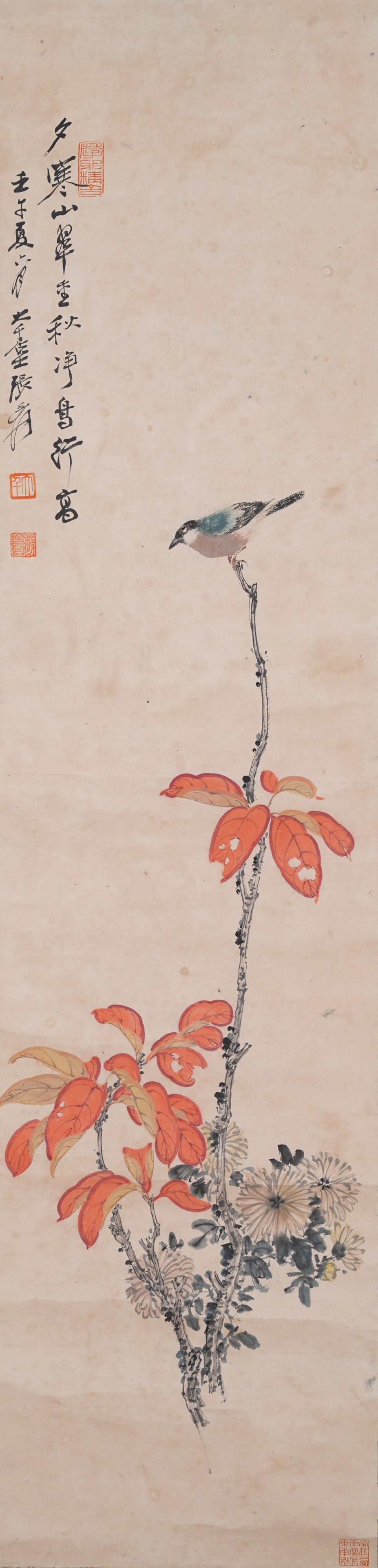 A FLOWERS AND BIRDS PAINTING ON PAPER BY ZHANG DAQIAN.張大千: Flowers and Birds Painting on Paper by Zhang Daqian.張大千