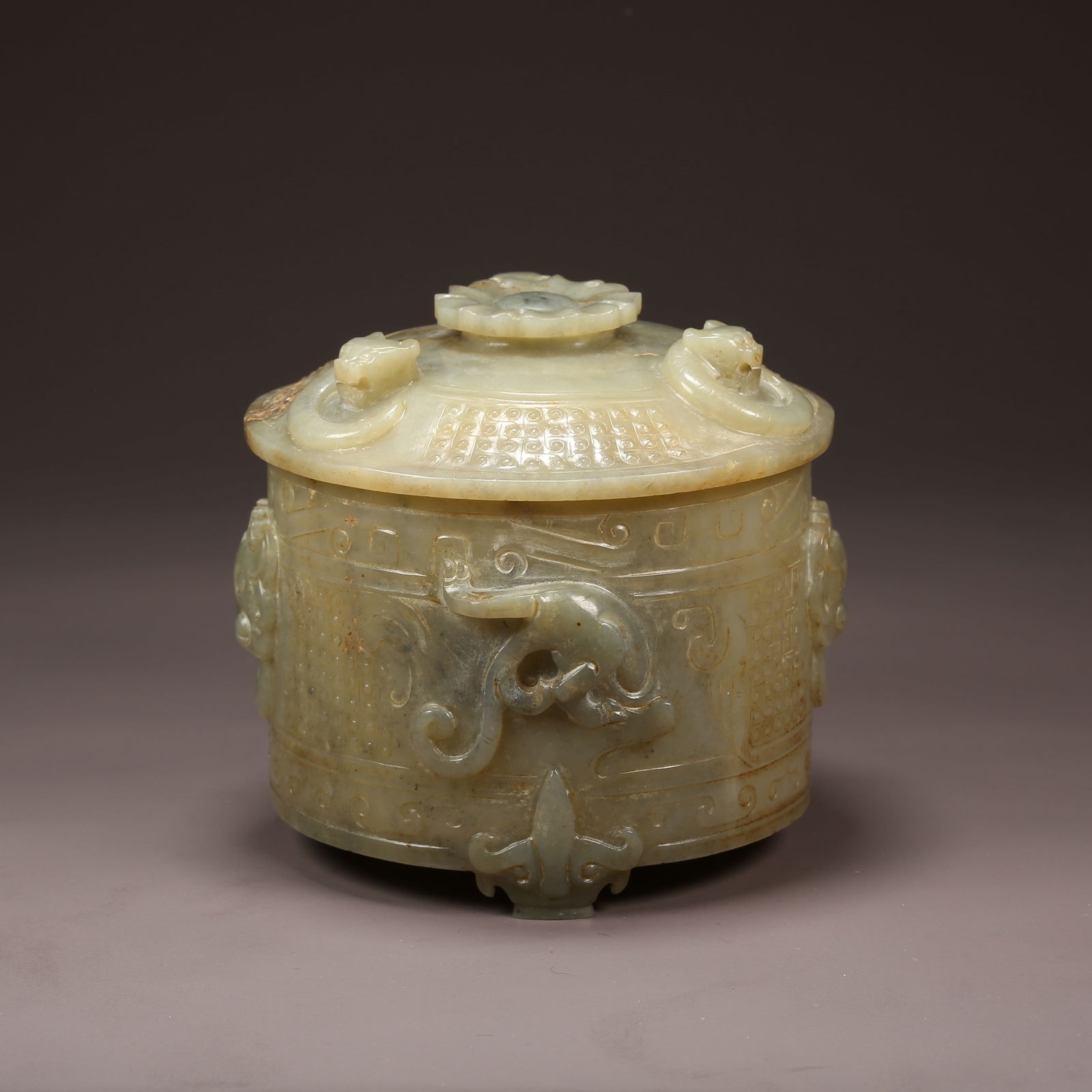 A ANCIENT JADE THREE-LEGGED CENSER WITH DRAGON-PATTERNED HANDLES (1 of 9)