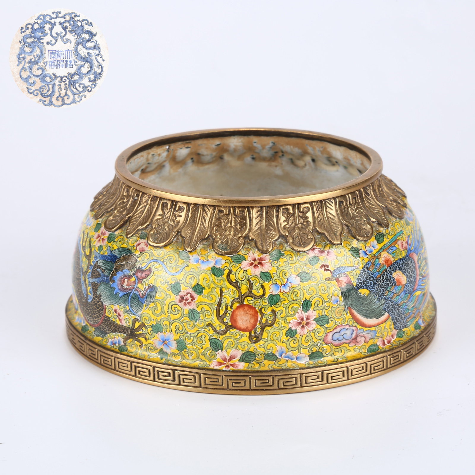 A CLOISONNÉ ENAMEL HORSE-HOOF-SHAPED VASE WITH DRAGON AND FLORAL DESIGN (1 of 8)