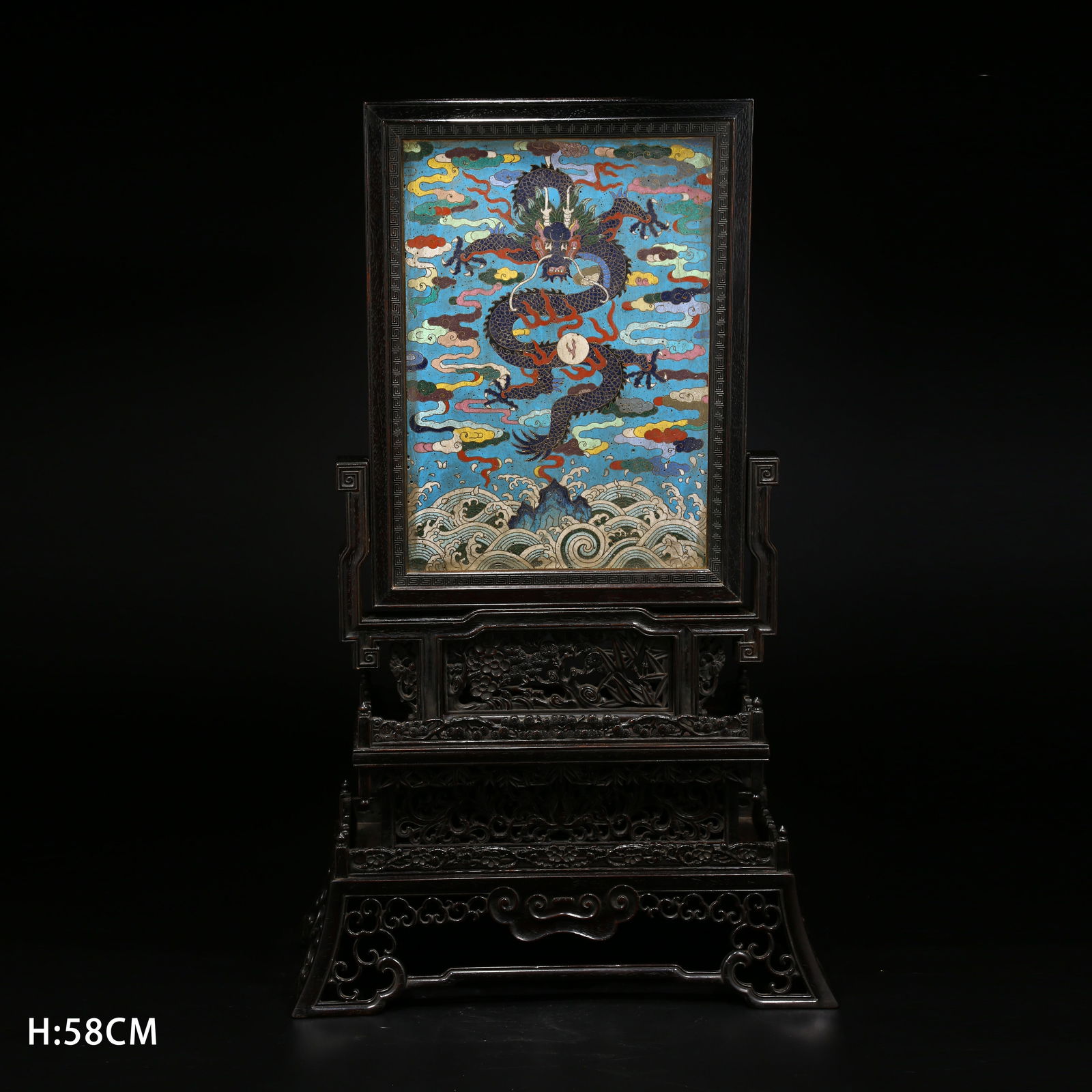 A ZITAN WOOD INLAID WITH CLOISONNÉ, RIVER CLIFF AND SEA DRAGON PATTERN SCREEN PANEL (1 of 8)