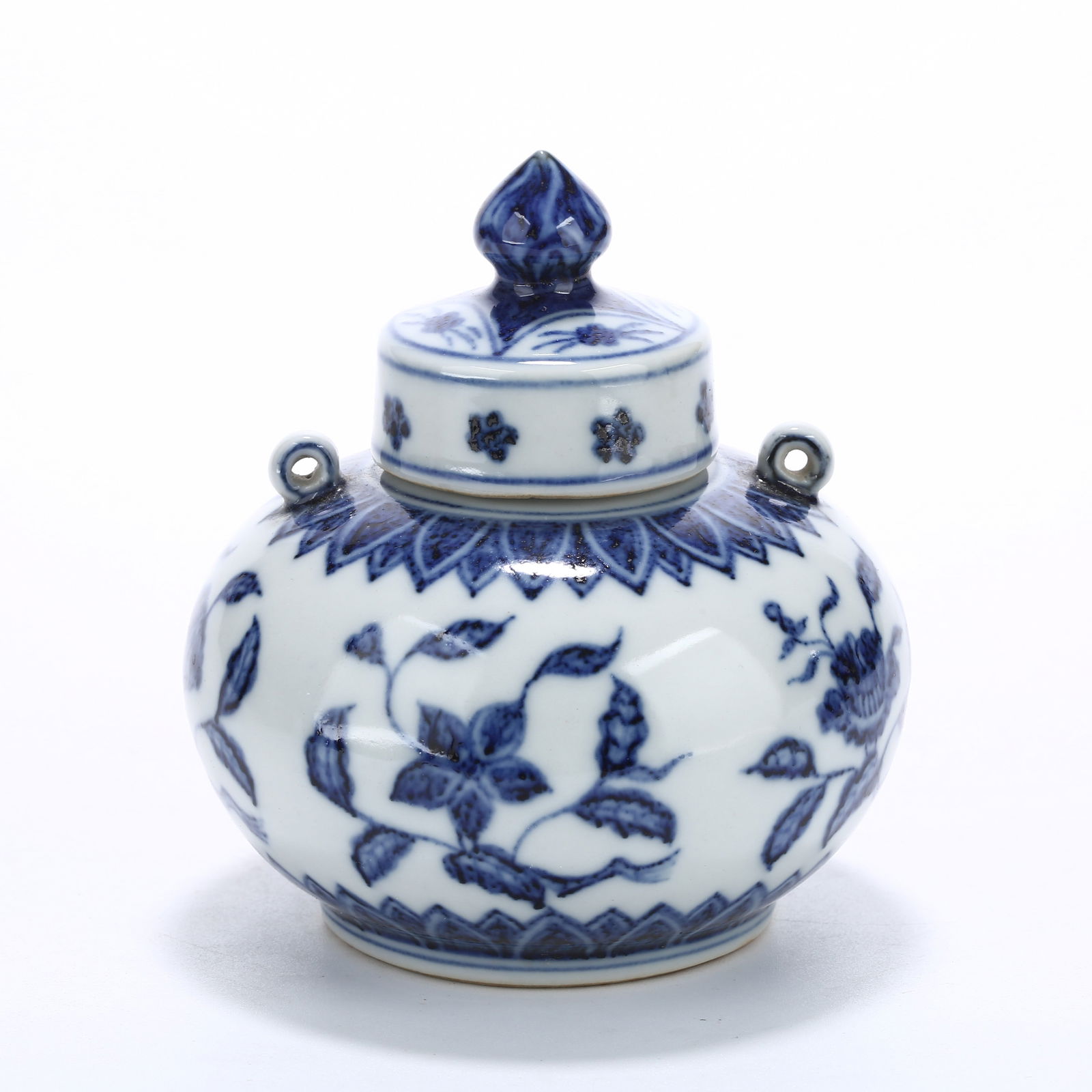 A BLUE AND WHITE BROKEN BRANCH FLORAL PATTERN DOUBLE-HANDLED LIDDED JAR (1 of 10)