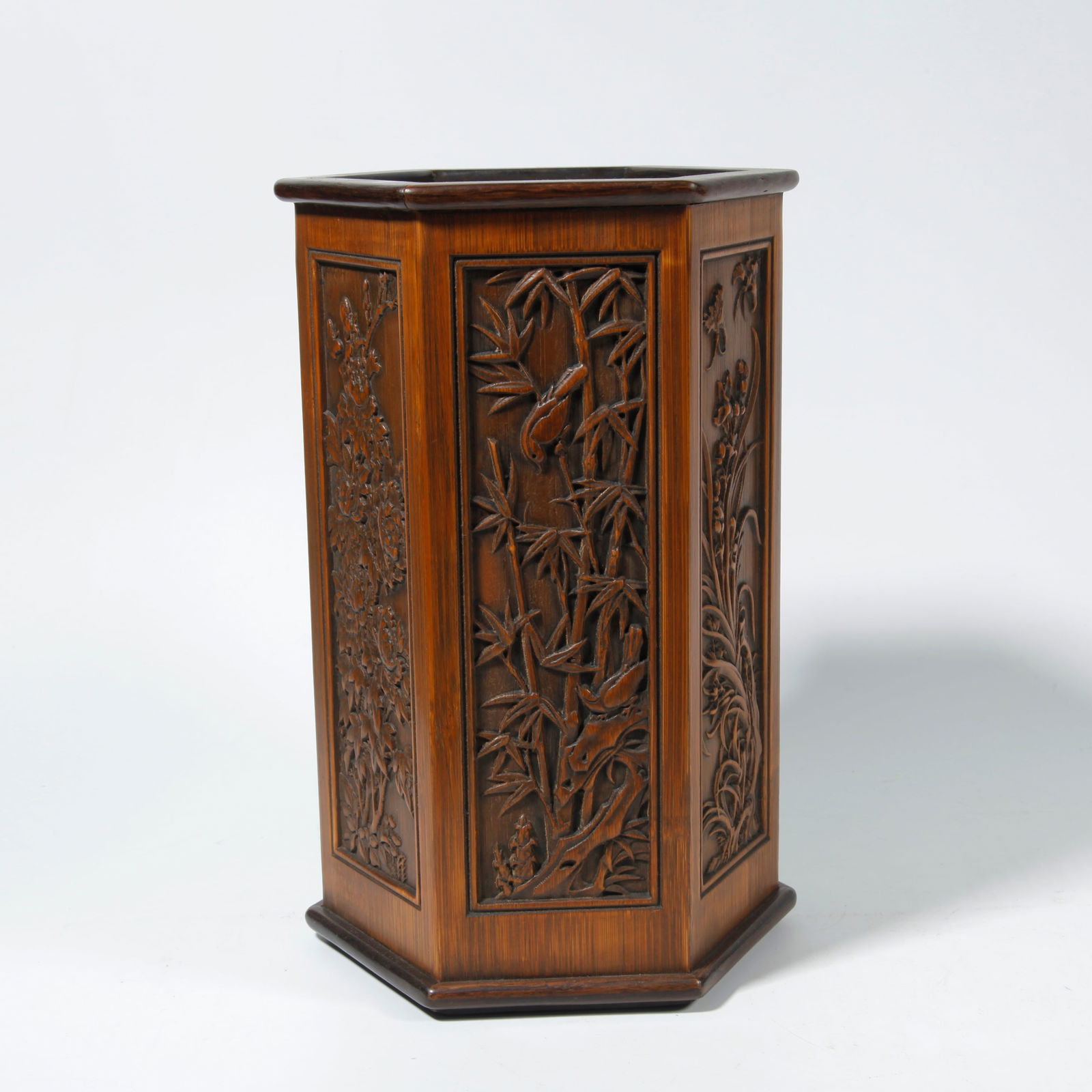 A BAMBOO BRUSH HOLDER WITH FLORAL CARVING (1 of 10)