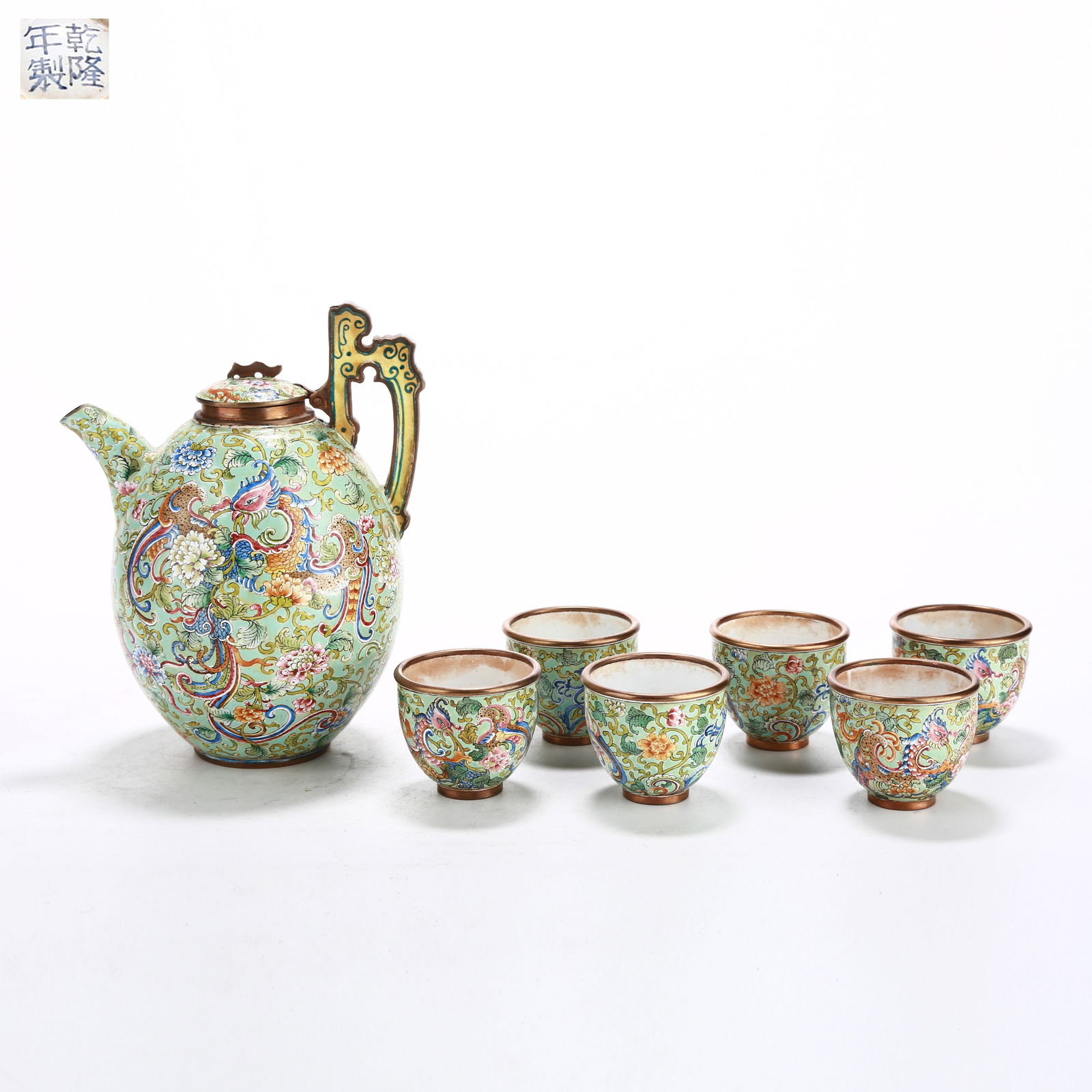 A CLOISONNÉ ENAMEL TEA SET WITH INTERTWINED PHOENIX MOTIF (SET) (1 of 9)