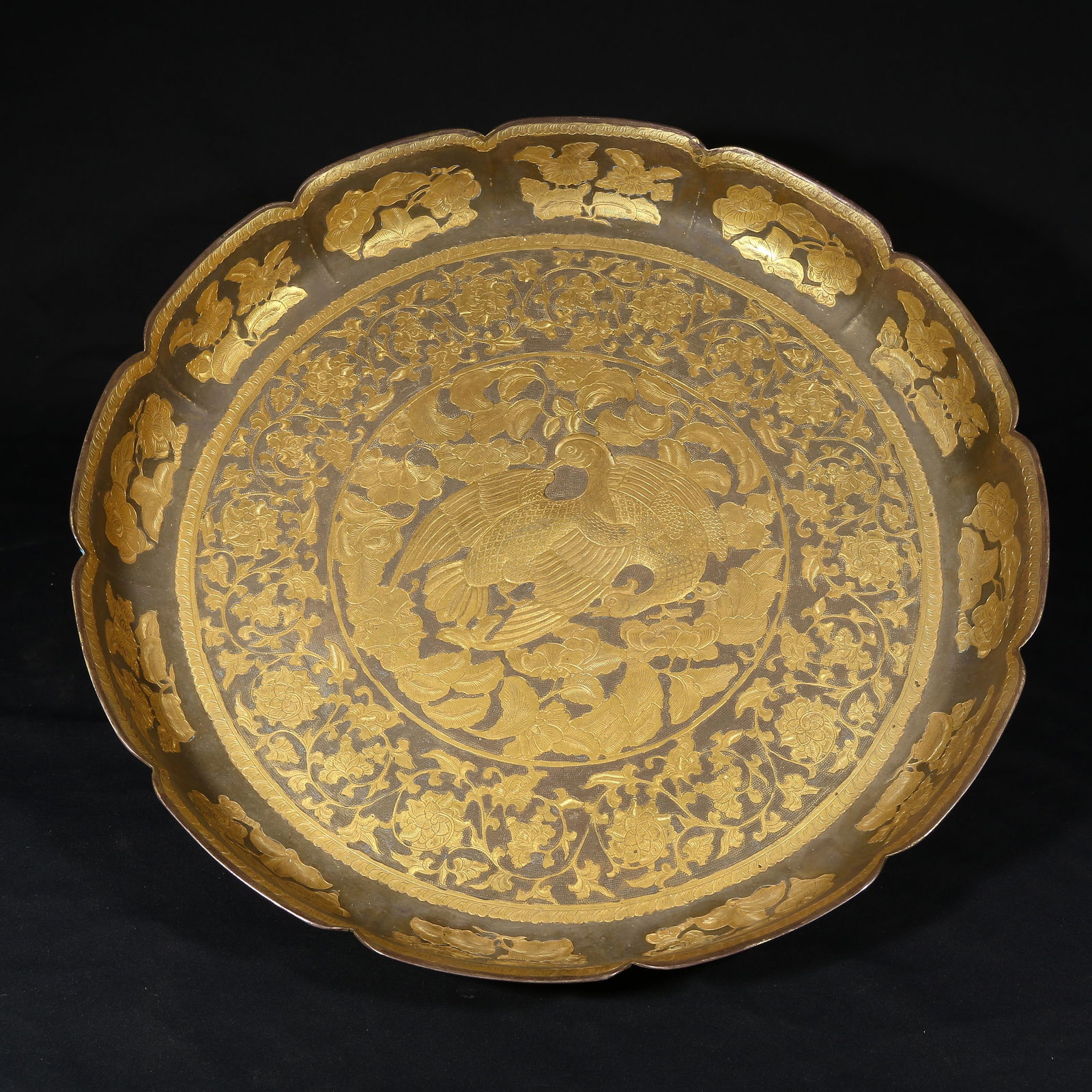 A LARGE BRONZE LOBED DISH WITH PARTIAL GILDING AND BIRD-AND-FLOWER MOTIFS (1 of 8)