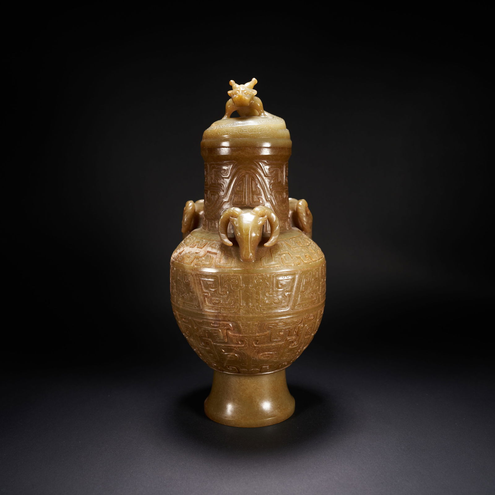 A HETIAN JADE COVERED ZUN WITH BEAST KNOB AND THREE RAMS, HAN DYNASTY (1 of 8)