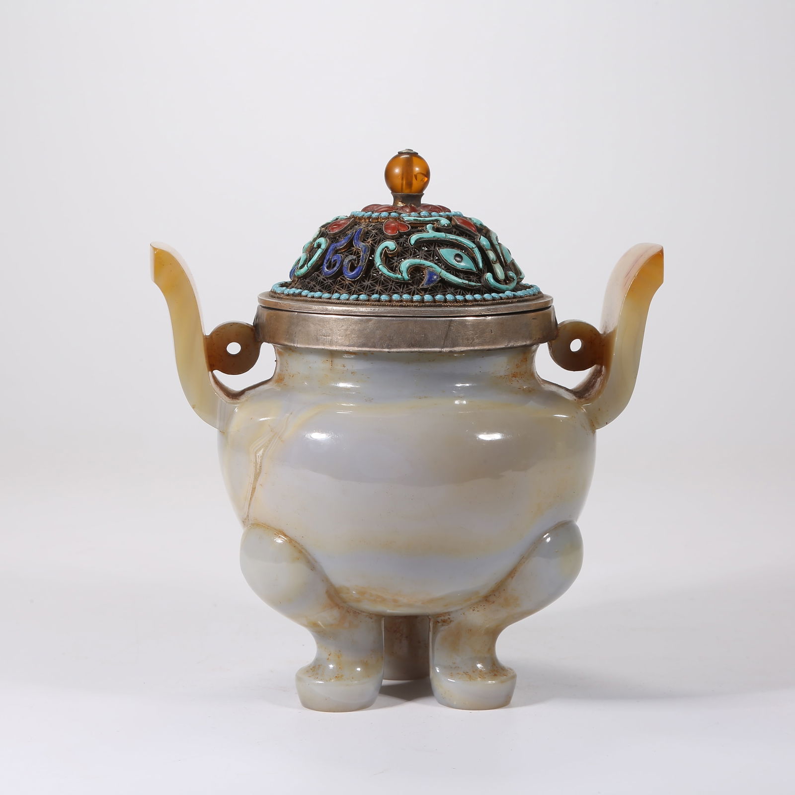 A AGATE INCENSE BURNER WITH THREE-STAR UPWARD-CURVING HANDLES (1 of 8)