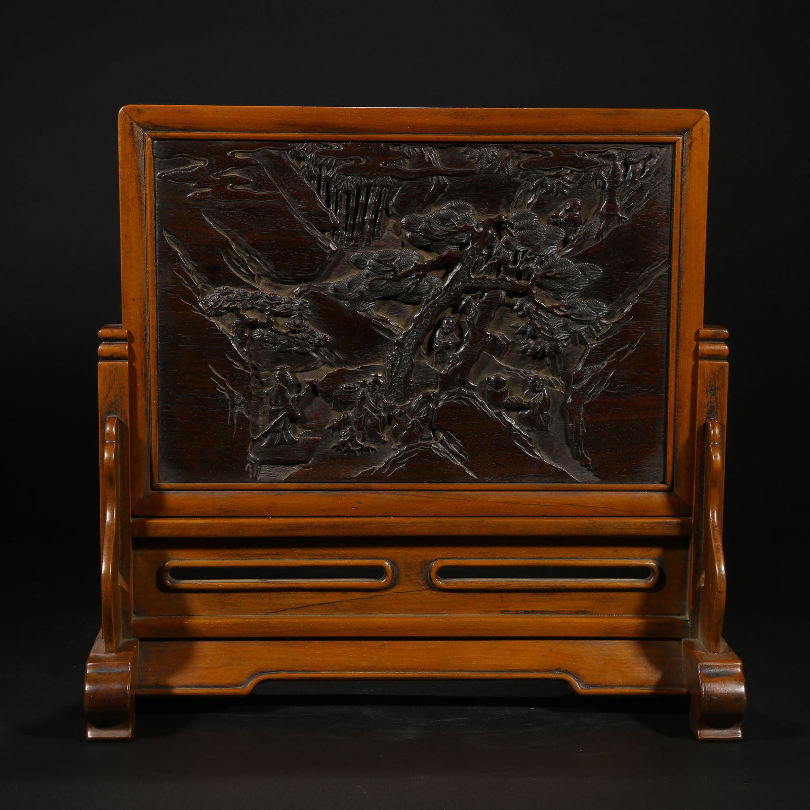 A BOXWOOD TABLE SCREEN INLAID WITH ZITAN WOOD DEPICTING SCHOLAR UNDER PINE (1 of 9)