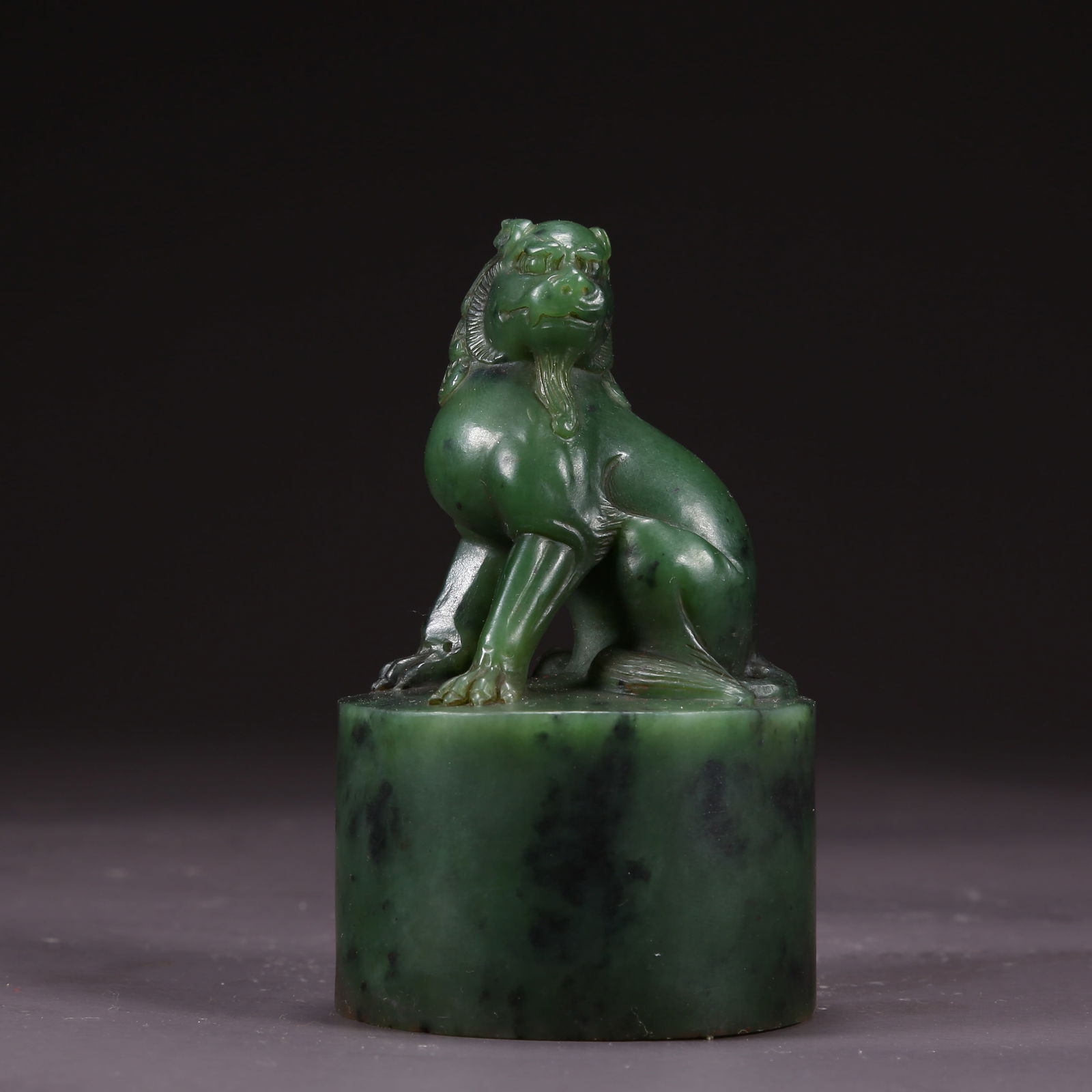 A HETIAN GREEN JADE SEAL WITH LION KNOB (1 of 9)