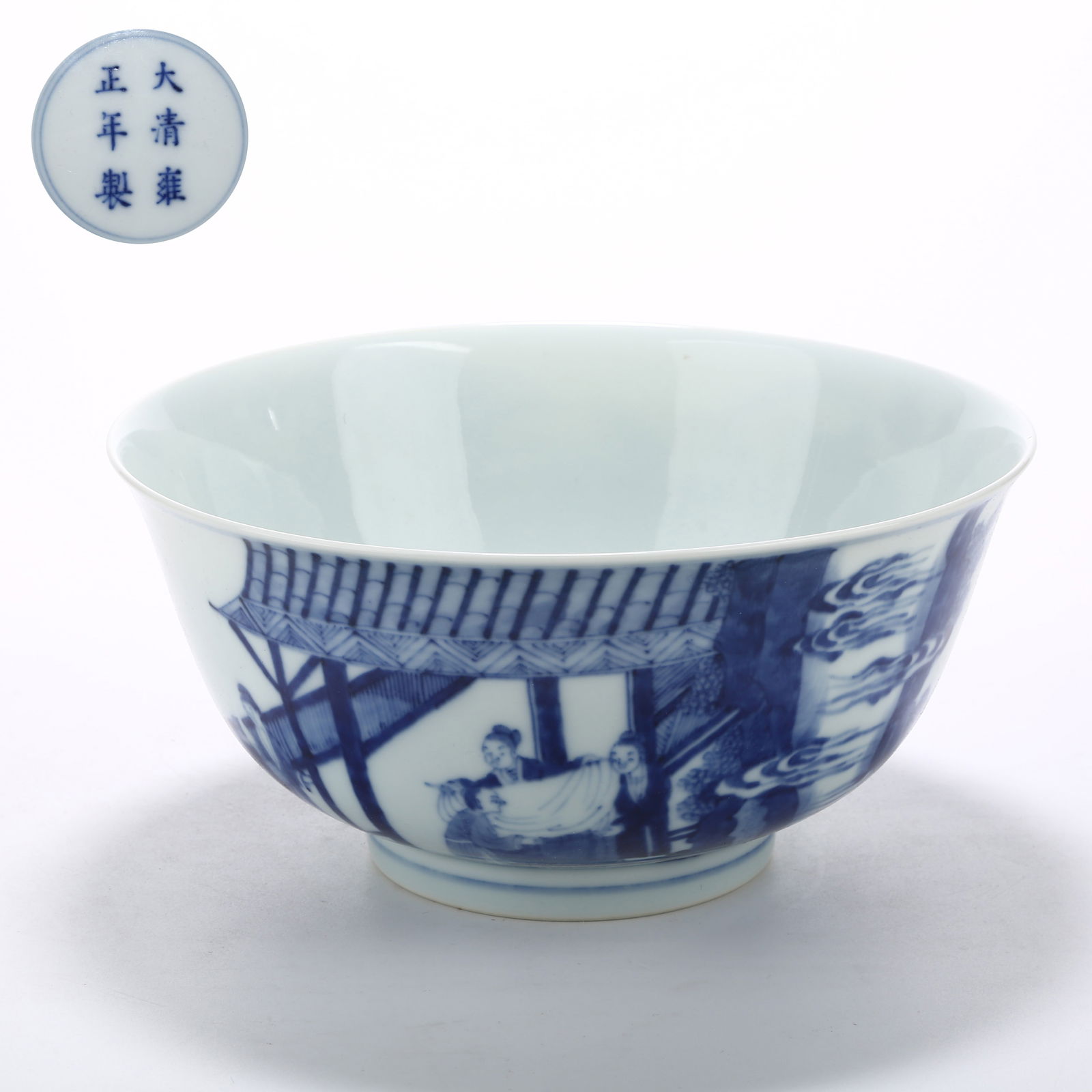 A BLUE AND WHITE LARGE BOWL WITH FIGURES AND STORY SCENE (1 of 10)