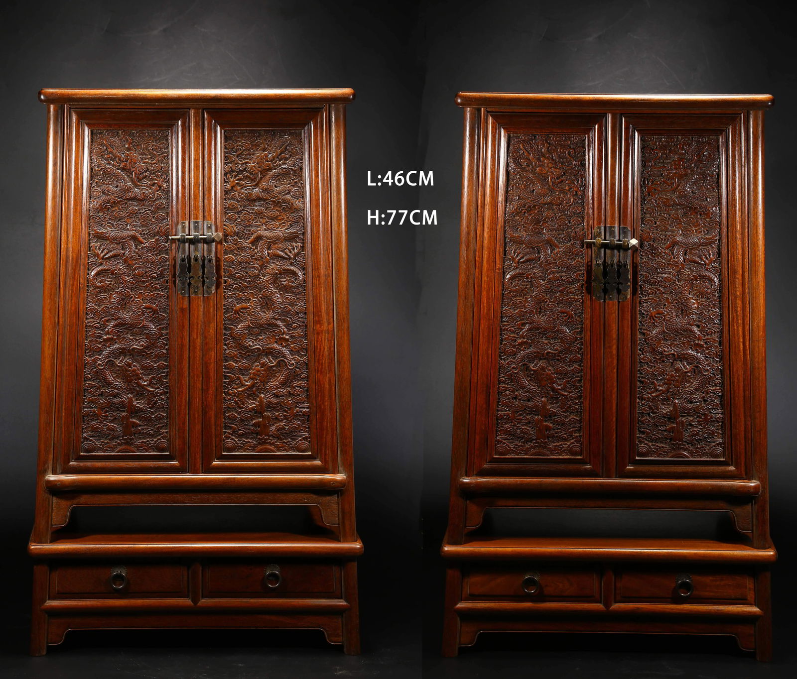 A SET OF SMALL HUANGHUALI WOOD CABINETS WITH CLOUD AND DRAGON CHASING PEARL PATTERNS (1 of 15)