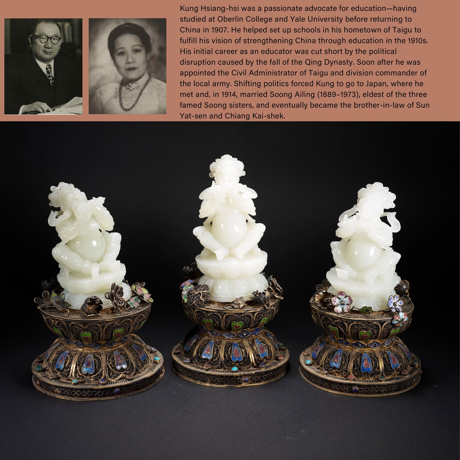 A SET OF THREE JEWEL BUDDHAS IN HETIAN JADE WITH SILVER-GILT CLOISONNÉ BASES, TANG DYNASTY (1 of 12)