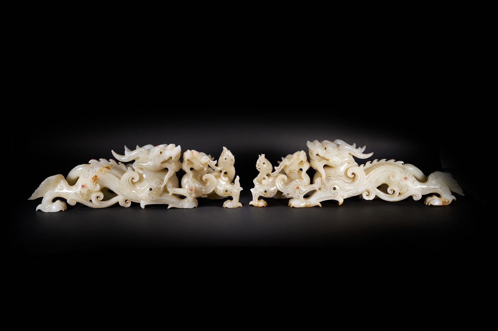 A SET OF HETIAN JADE MOTHER-AND-YOUNG BEASTS WITH GOLD AND SILVER INLAY AND GEMSTONE SETTING, MING (1 of 9)