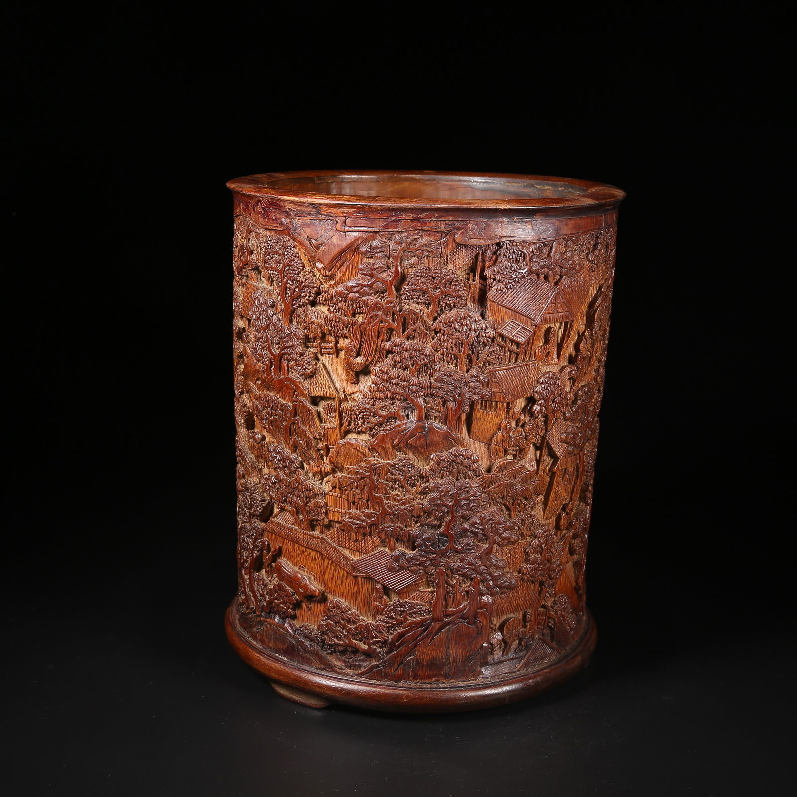 A BAMBOO CARVED BRUSH POT WITH "MORNING MARKET" SCENE (1 of 9)
