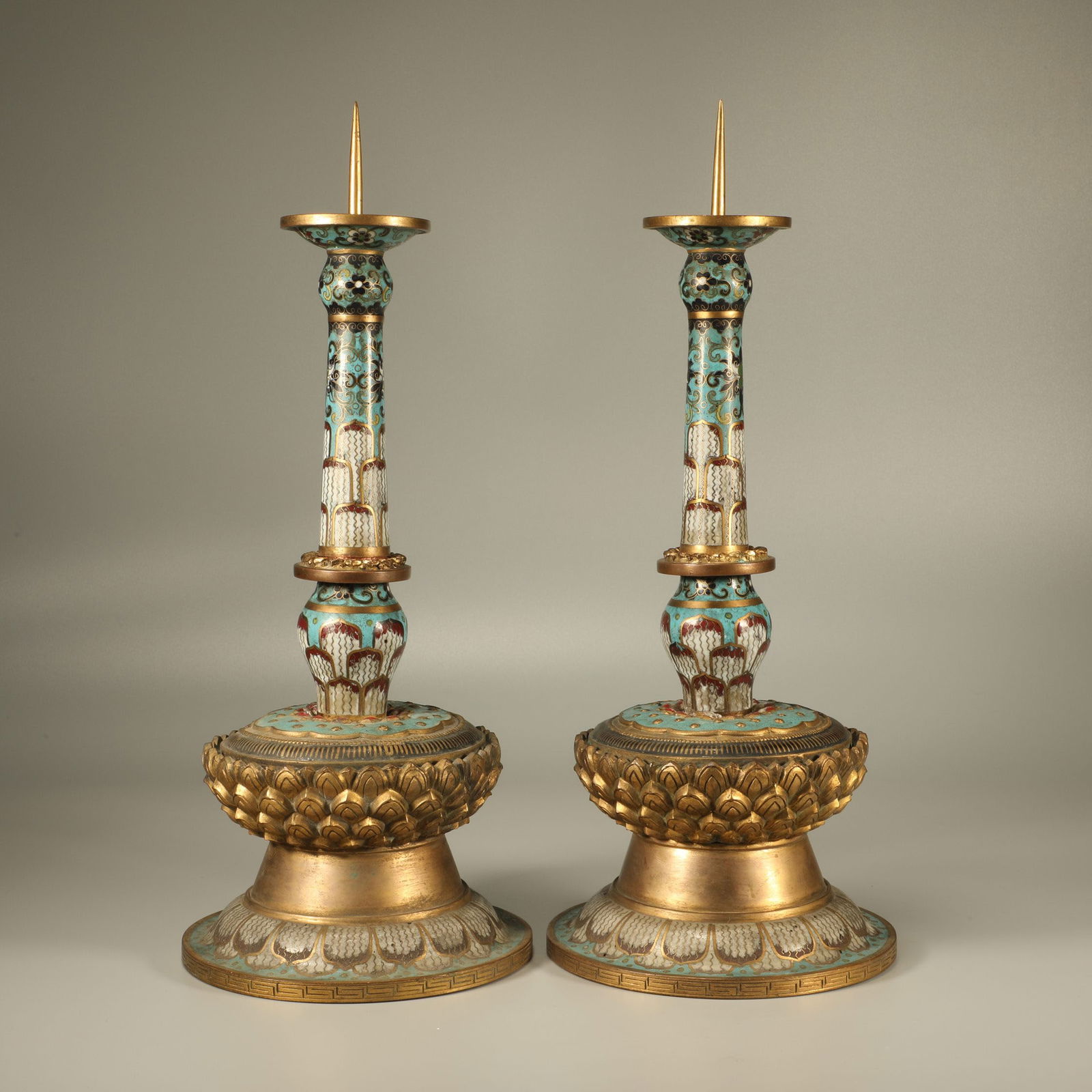 A PAIR OF CLOISONNÉ LOTUS PETAL PATTERN CANDLESTICKS (1 of 6)