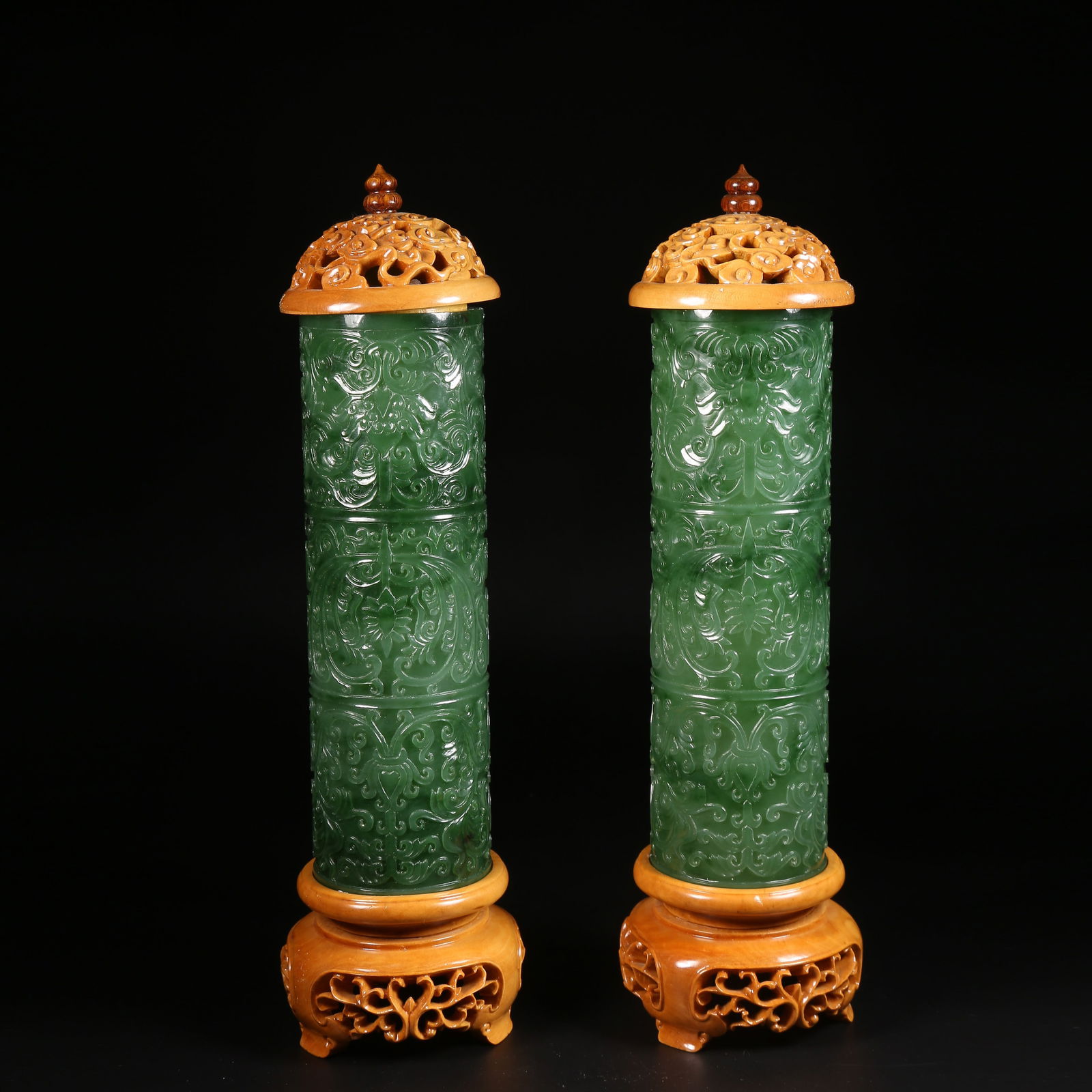 A SET OF HETIAN GREEN JADE INCENSE HOLDERS (1 of 10)
