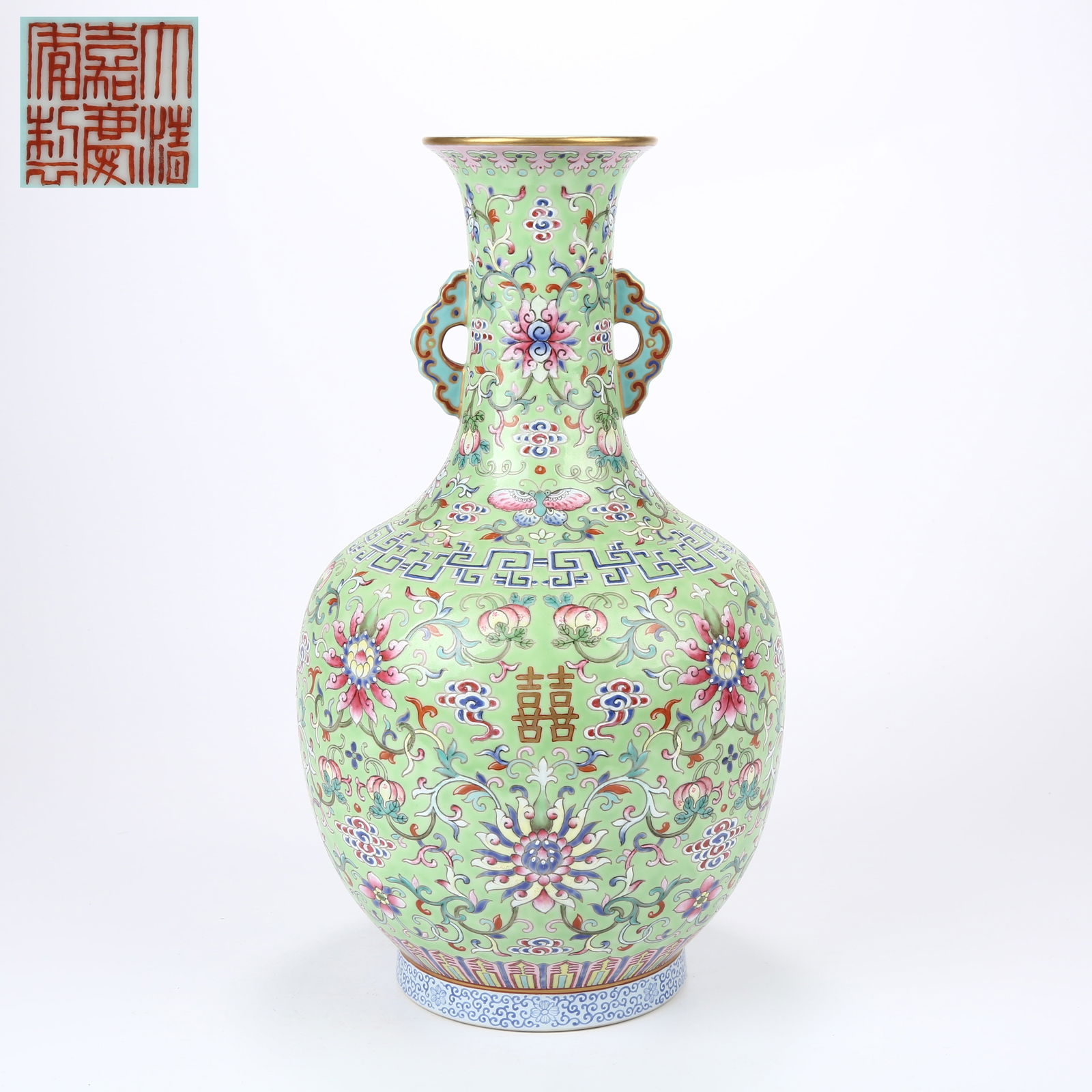 A GREEN GROUND FAMILLE ROSE DOUBLE-HANDLED VASE WITH FLORAL SCROLLS (1 of 10)