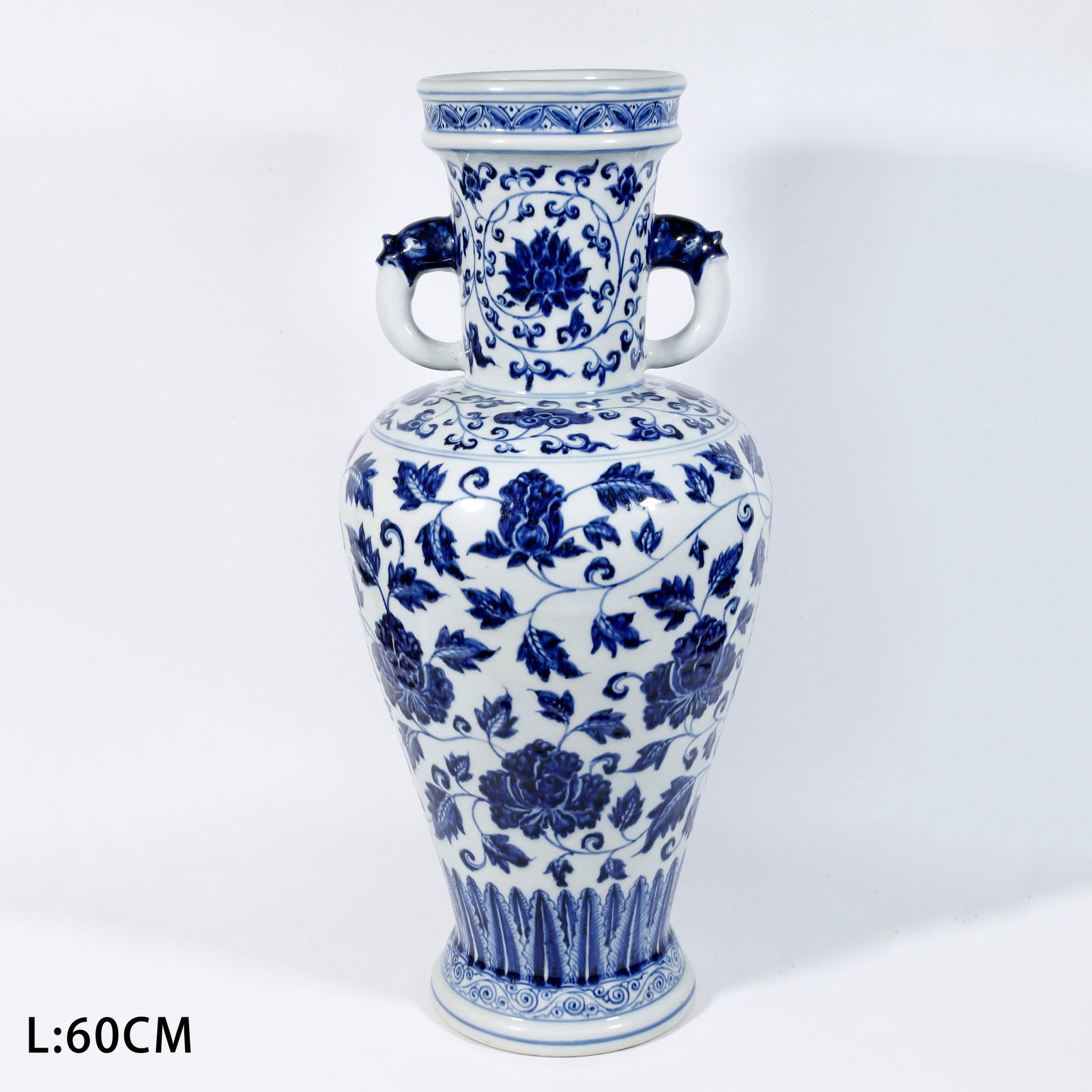A LARGE BLUE-AND-WHITE VASE WITH SCROLLING FLORAL DESIGN (1 of 11)