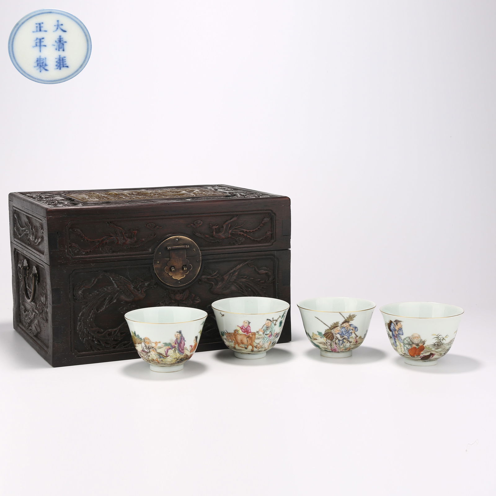 A SET OF FAMILLE ROSE BOWLS WITH FISHING, WOODCUTTING, FARMING, AND READING SCENES (1 of 10)