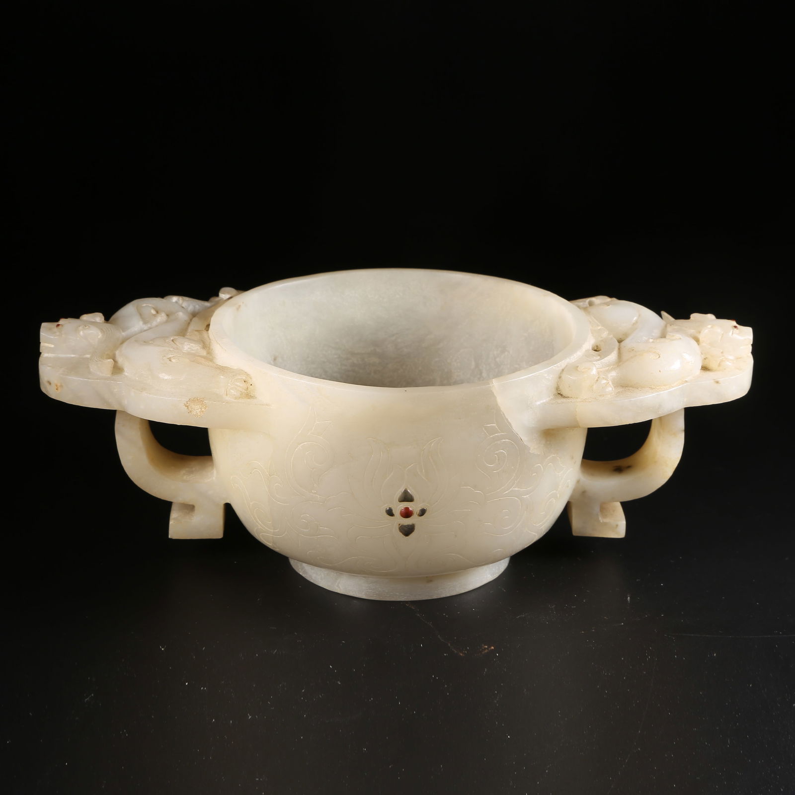 A HETIAN JADE BOWL WITH DRAGON-SHAPED HANDLE INLAID WITH PRECIOUS STONES (1 of 8)