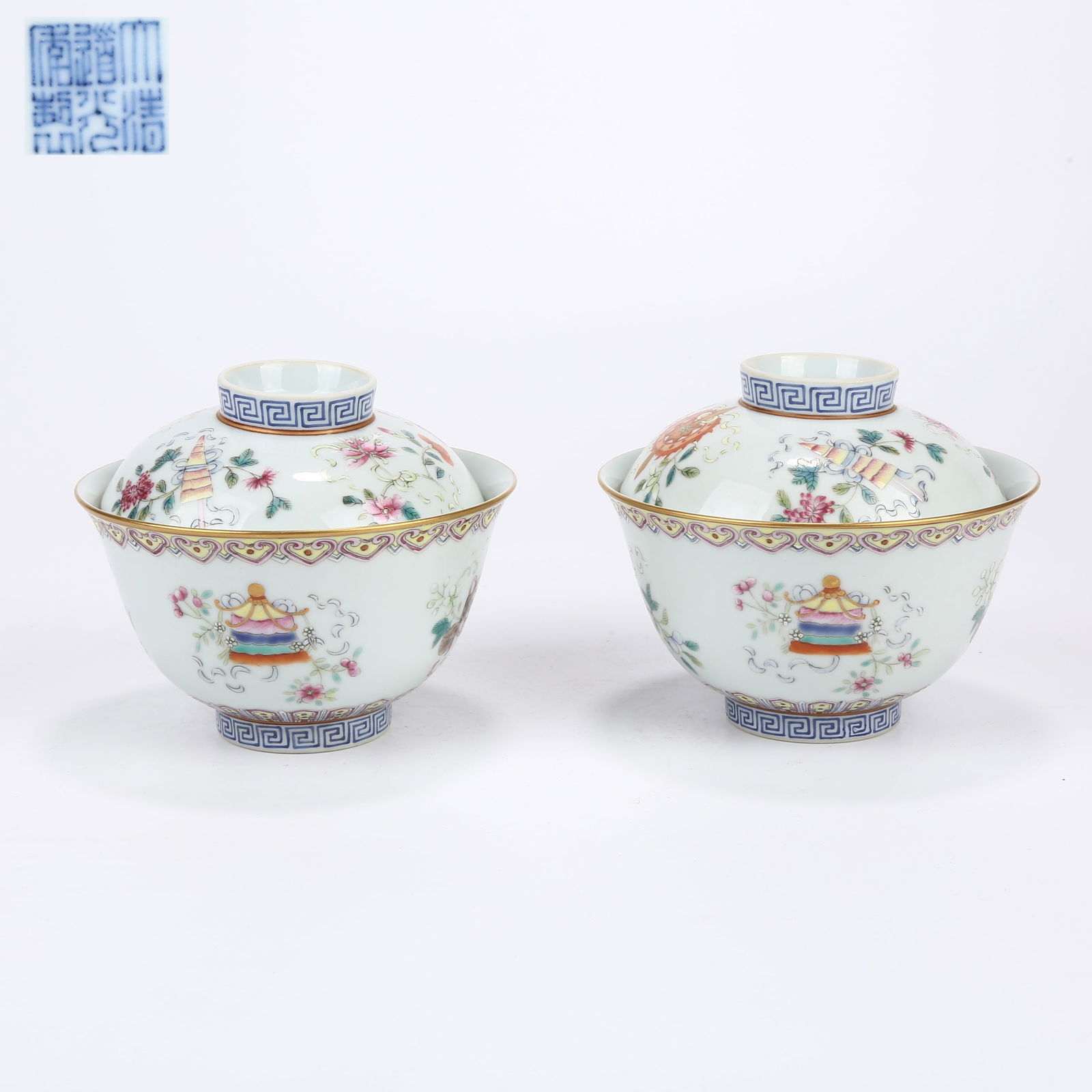 A SET OF FAMILLE ROSE LIDDED BOWLS WITH EIGHT AUSPICIOUS SYMBOLS (1 of 12)