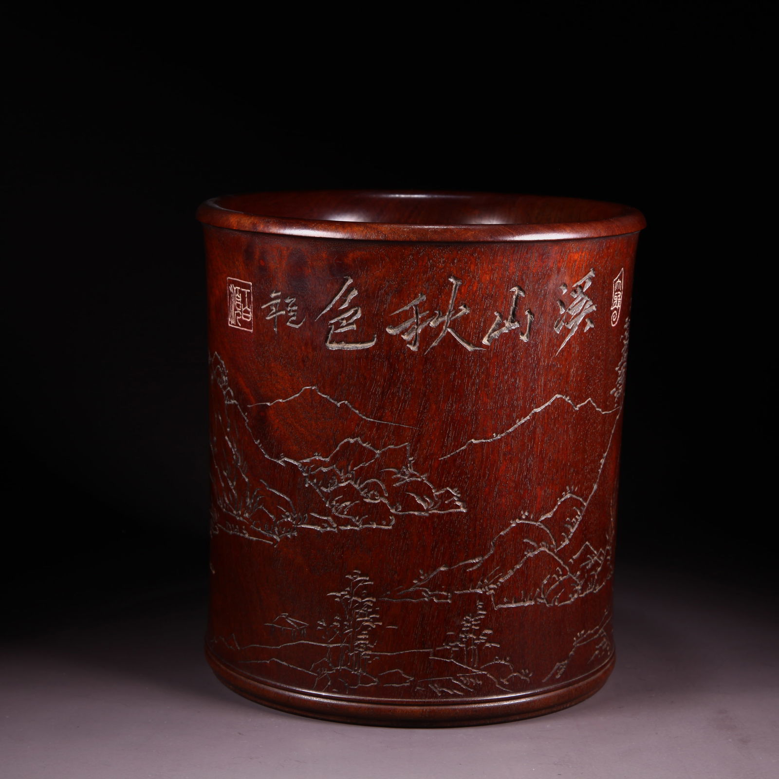 A HUANGHUALI BRUSH POT WITH PAINTED AUTUMN LANDSCAPE BY THE STREAM (1 of 9)